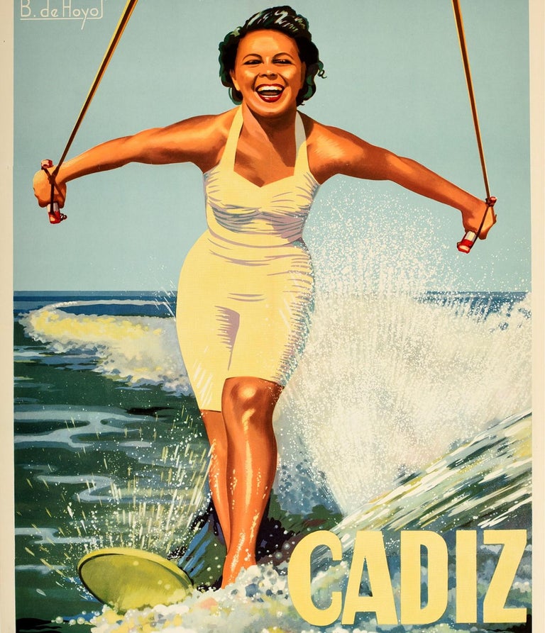 Original Vintage Poster Cadiz Best Beach Great Summer Holidays Water Ski Travel In Good Condition For Sale In London, GB