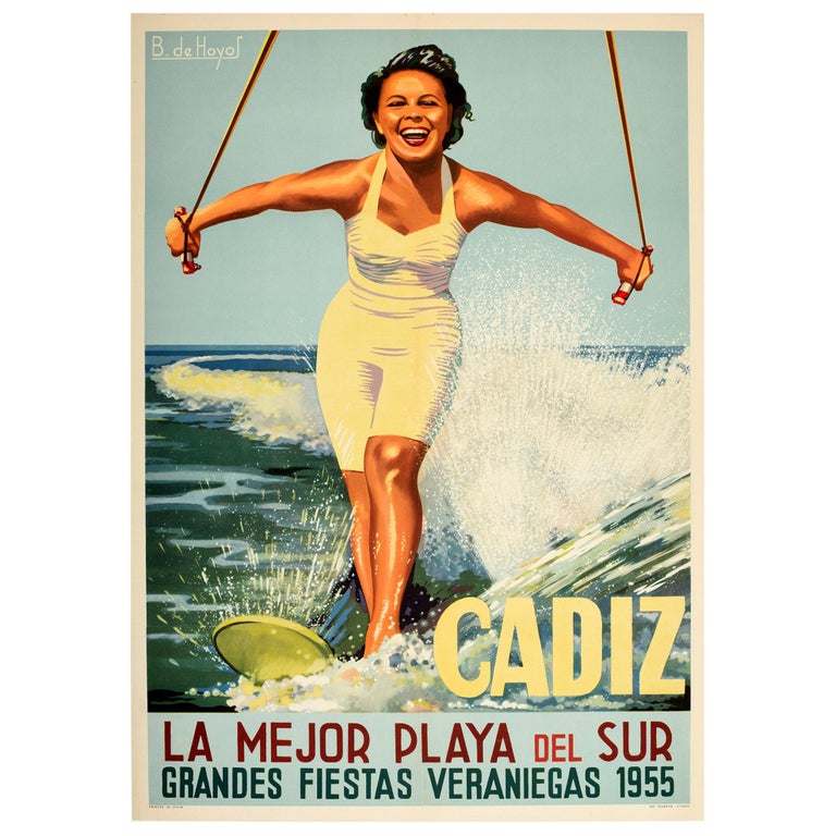 Original Vintage Poster Cadiz Best Beach Great Summer Holidays Water Ski Travel For Sale