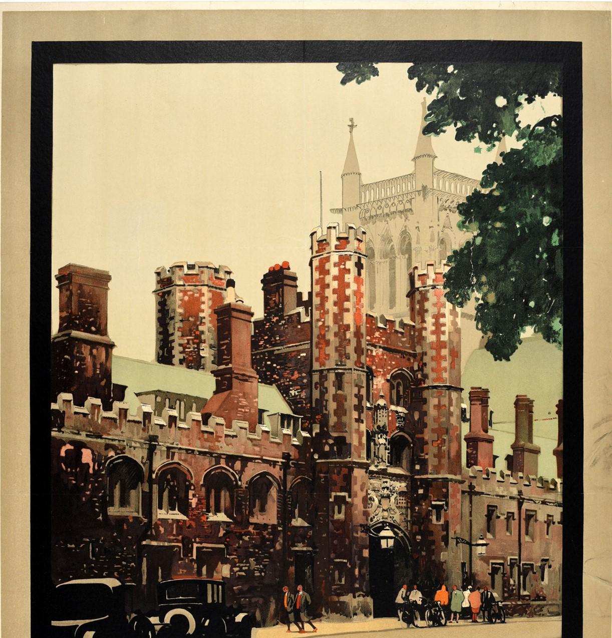 Original vintage travel poster advertising the historic university city of Cambridge on the London & North Eastern Railway of England and Scotland (LNER). Great design featuring artwork by Fred Taylor (1875-1963) depicting Classic cars and a group