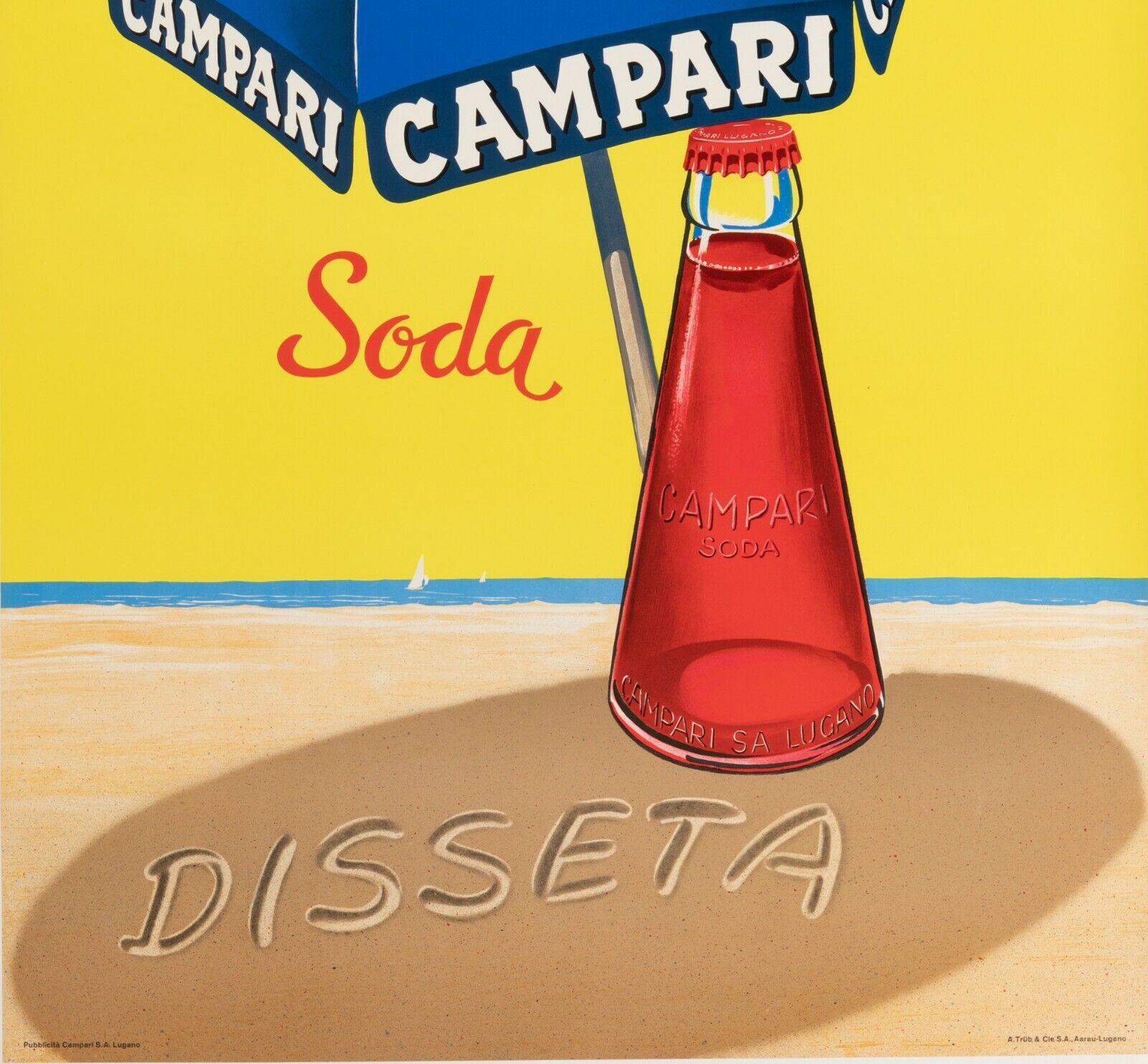 Affiche rétro originale Campari Soda Disseta-Plage-Milano-Liqueur, 1970 Bon état à SAINT-OUEN-SUR-SEINE, FR
