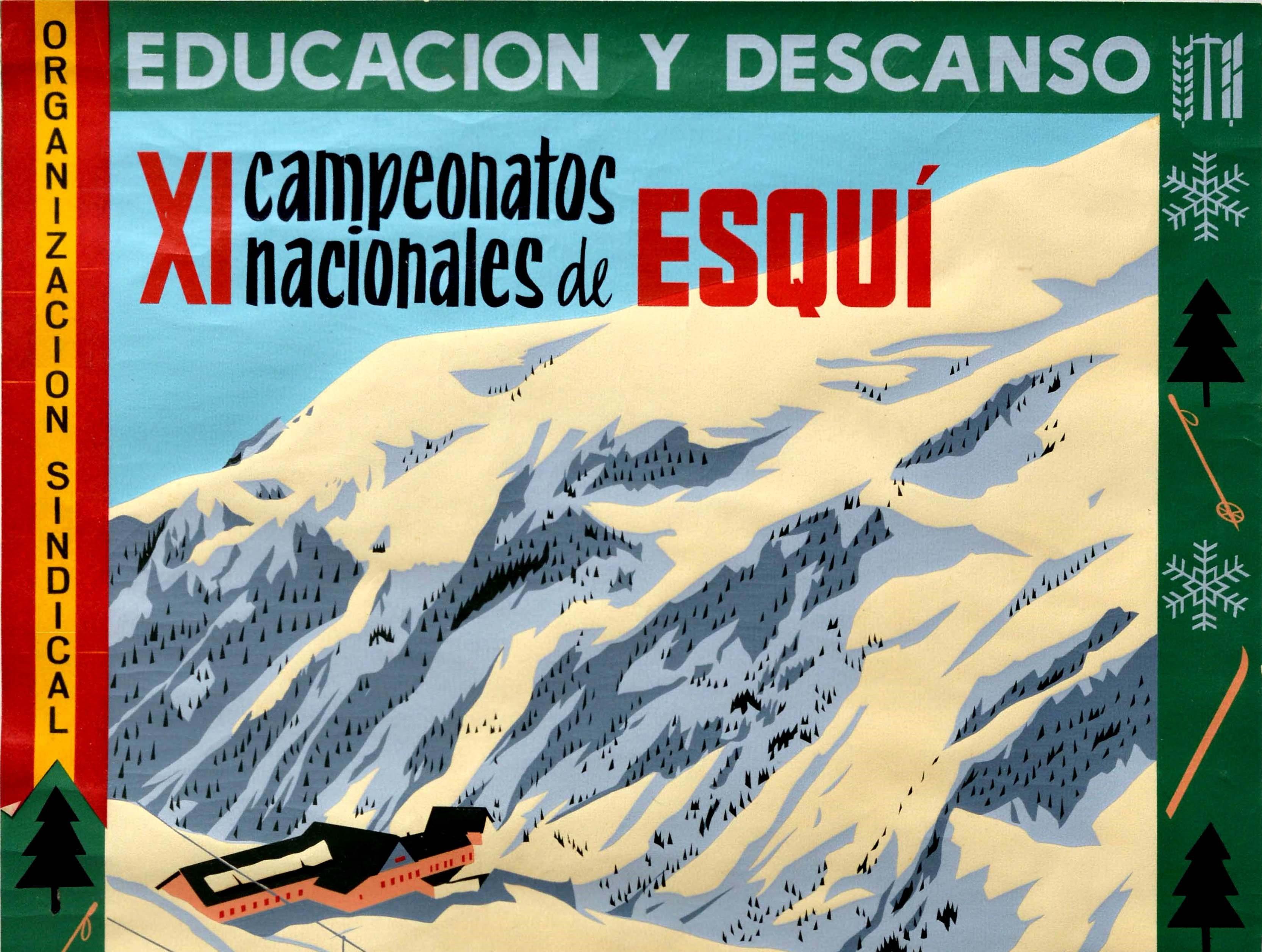 Original vintage winter sport poster advertising for the Educacion y Descanso XI Campeonatos Nacionales de Esqui / Education and Leisure XI National Ski Championships held on 12-17 March 1962 in Nuria featuring a great illustration of a skier in