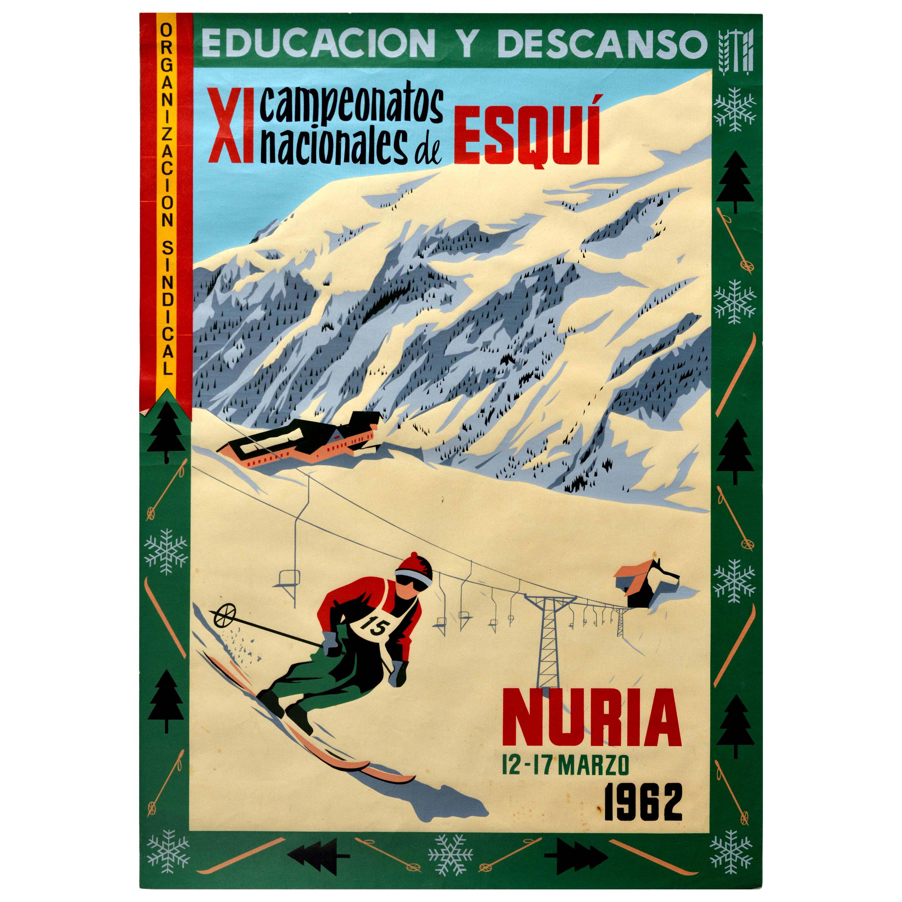 Original Vintage Poster Campeonatos Nacionales De Esqui Nuria Ski Championship