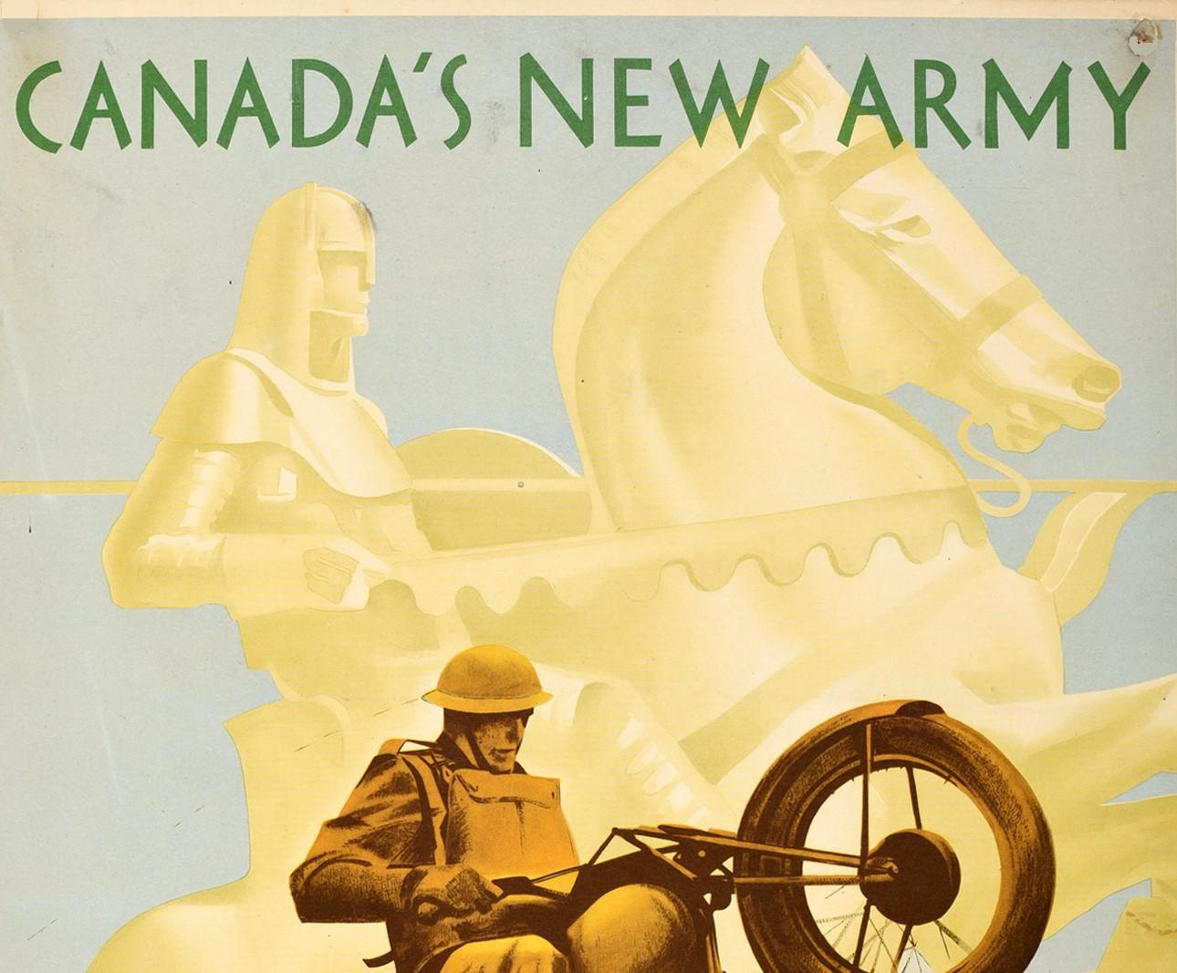 Original vintage military recruitment propaganda poster - Canada's New Army Needs Men Like You issued for the Department of National Defence by the Director of Public Information. Striking Art Deco style artwork by Eric Aldwinckle (1909-1980)