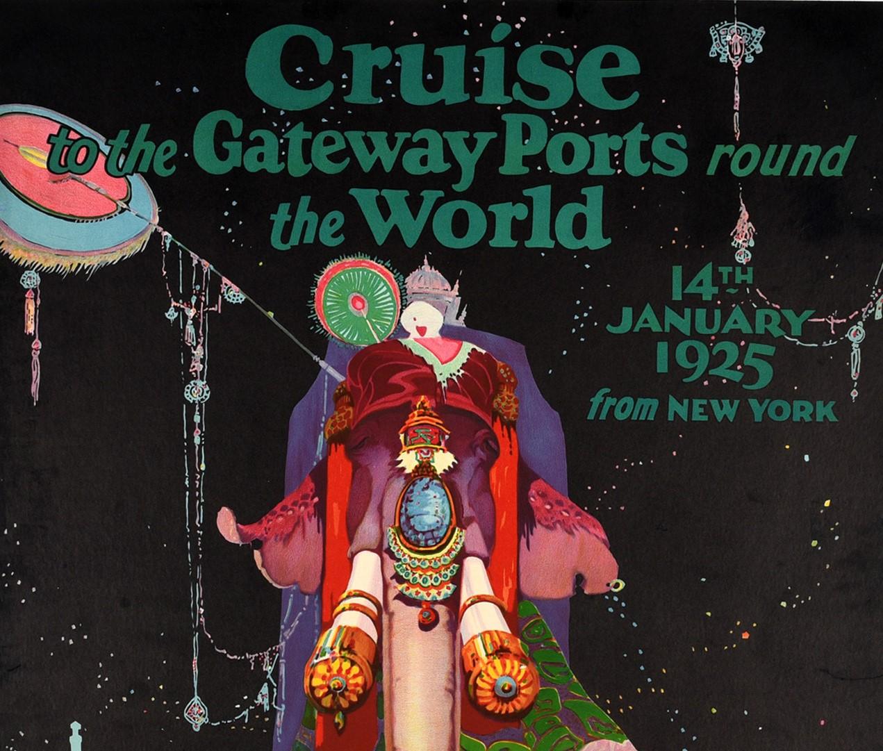 Original vintage travel advertising poster for Canadian Pacific S.S. Empress of France Cruise to the Gateway Ports round the World 14th January 1925 from New York featuring great artwork featuring a decorated Indian elephant in colourful patterns
