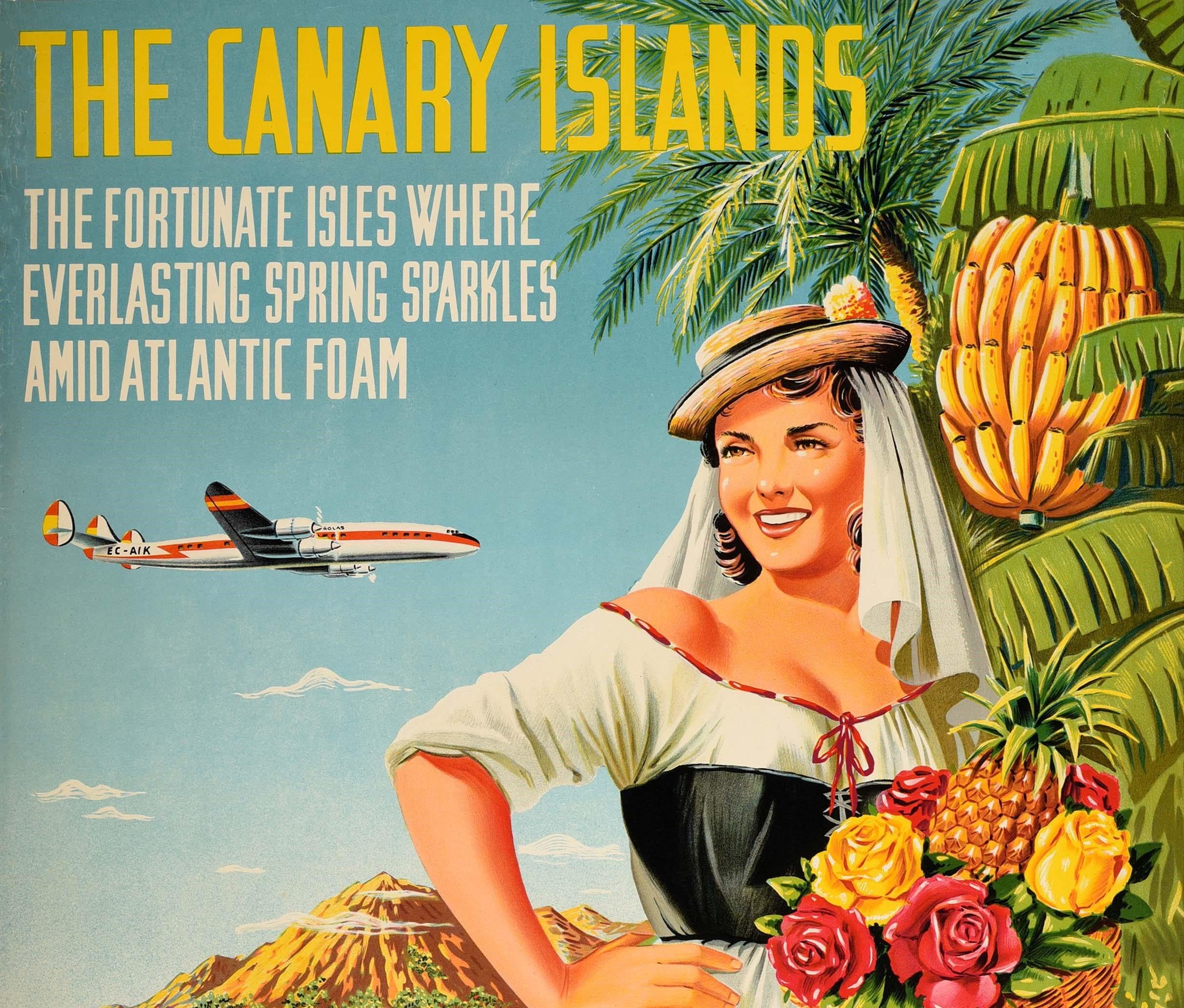 Original vintage travel poster - The Canary Islands The fortunate isles where everlasting spring sparkles amid Atlantic foam Fly Iberia Airlines of Spain - featuring a smiling lady wearing a traditional style dress with a veiled hat and apron over