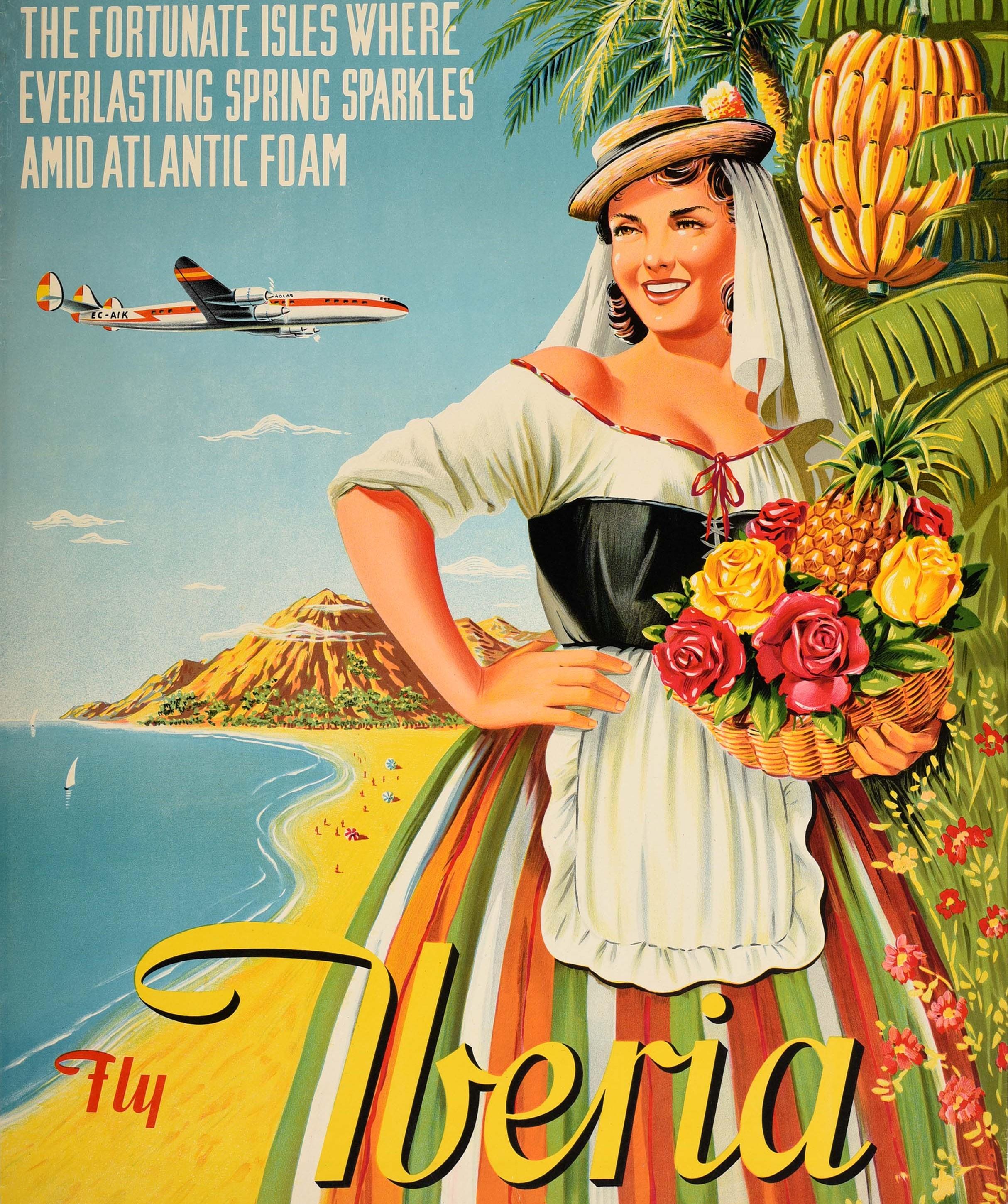 Spanish Original Vintage Poster Canary Islands Fly Iberia Airlines Spain Holiday Travel For Sale