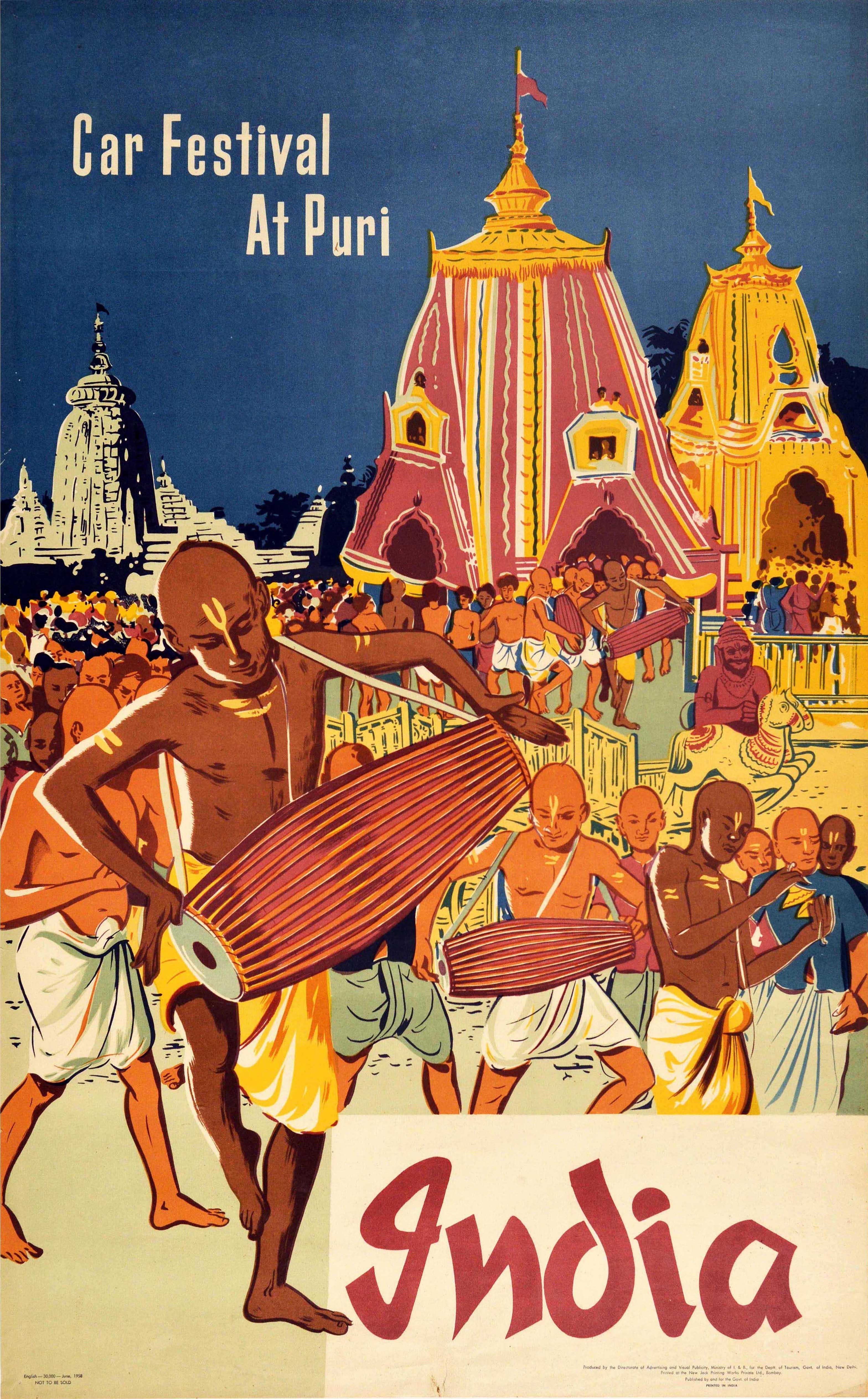Original vintage travel poster advertising the Car Festival at Puri India featuring a colourful design showing crowds of people playing music on drums and walking in procession with decorated chariots of the deities in the background with the
