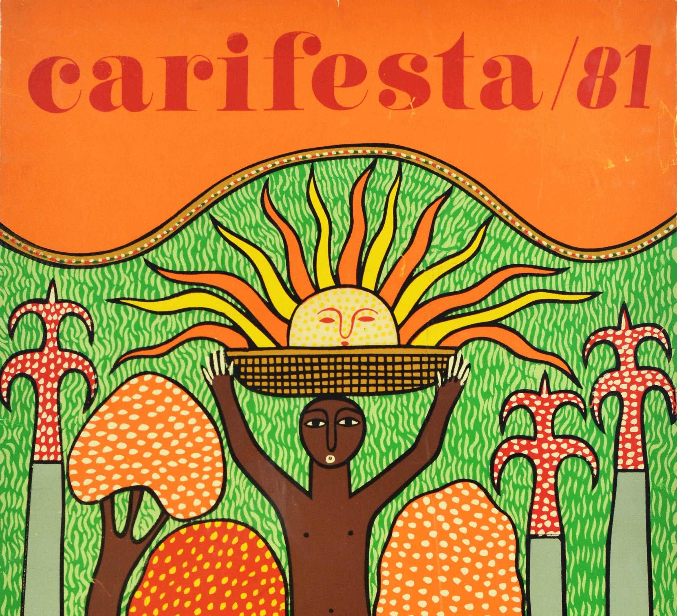 Original vintage screen printed poster for the Carifesta 81 Barbados Cuba featuring a colourful design depicting a person standing between trees holding a basket on his head with the rays from the sun radiating out of it against the green hill in