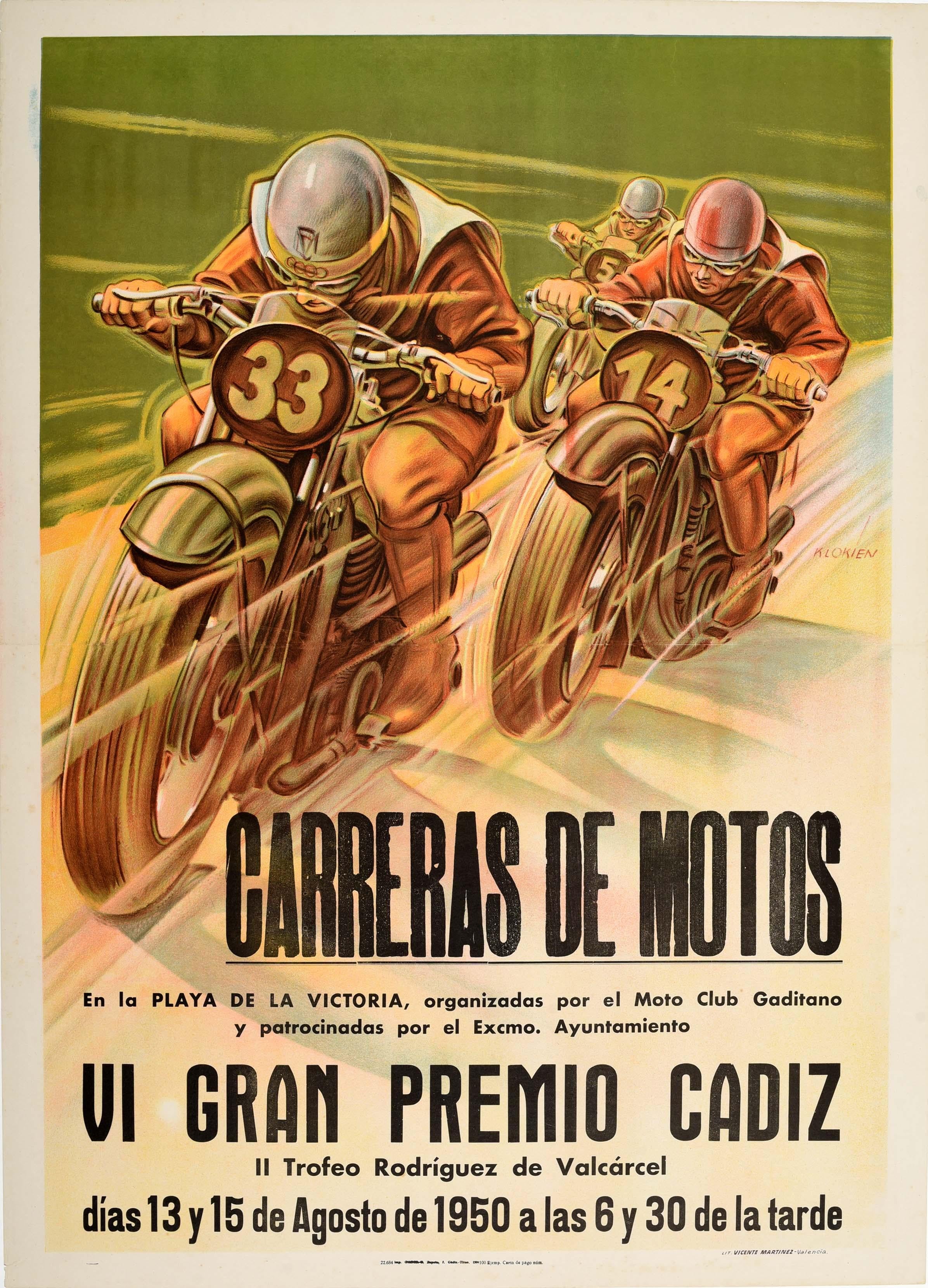 Original vintage motorsport poster advertising the Motorcycle Racing VI Grand Prix Cadiz / Carreras De Motos VI Gran Premio Cadiz that took place from 13 to 15 August 1950 featuring a dynamic design depicting three motorcycle drivers racing their