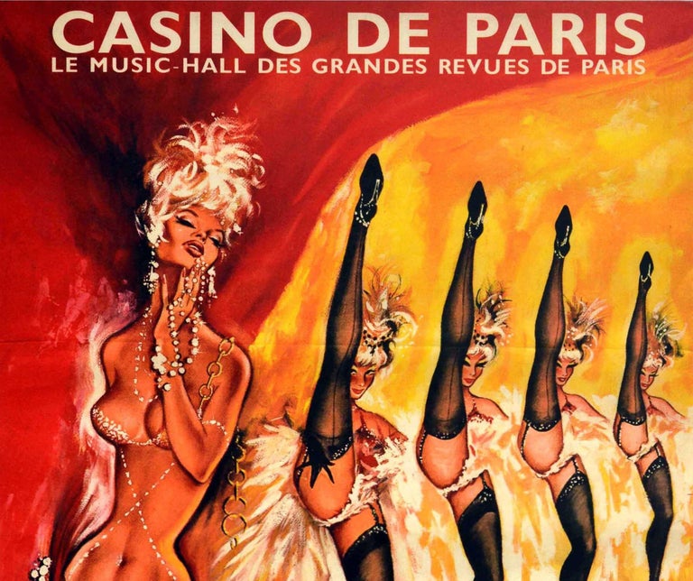 Original vintage advertising poster for the Casino de Paris Exciting Tentations Le music hall des grandes revues de Paris The most famous show in the world Super production Henri Varna featuring a bright and colourful image of scantily dressed