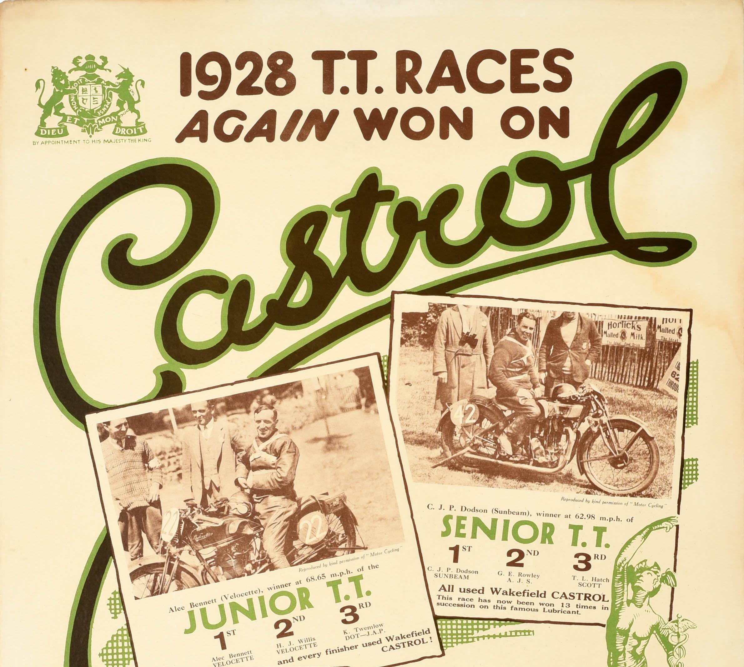 Original vintage motorsport advertising poster for Castrol Motor Oil - 1928 T.T. Races again won on Castrol - featuring the title in bold stylised lettering above, the swoop of the letter L running behind photograph images and description of the