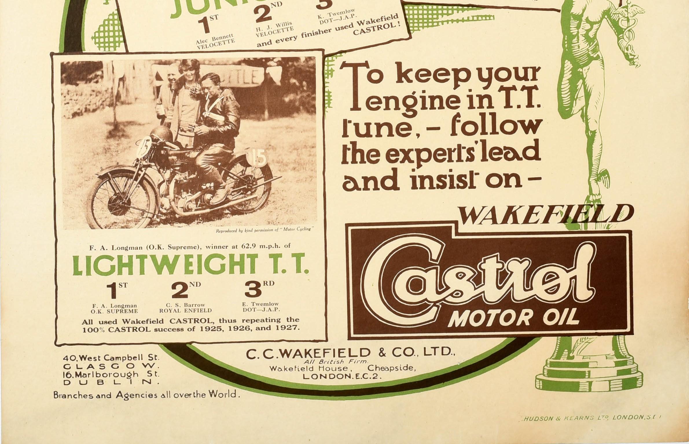 Britannique Affiche rétro originale Castrol Motor Oil, 1928, T.T. Races Isle Of Man - Motocyclette en vente
