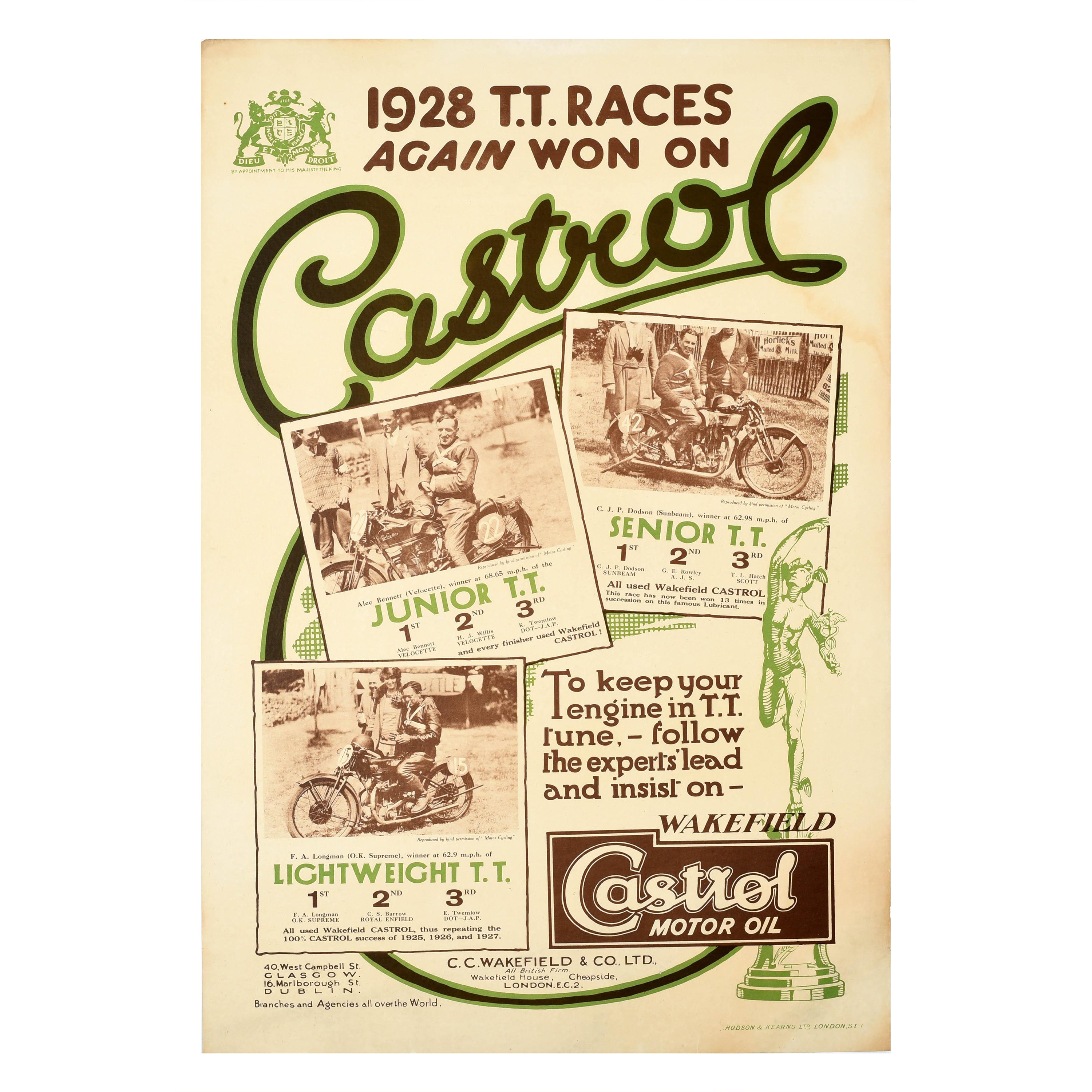 Affiche rétro originale Castrol Motor Oil, 1928, T.T. Races Isle Of Man - Motocyclette en vente
