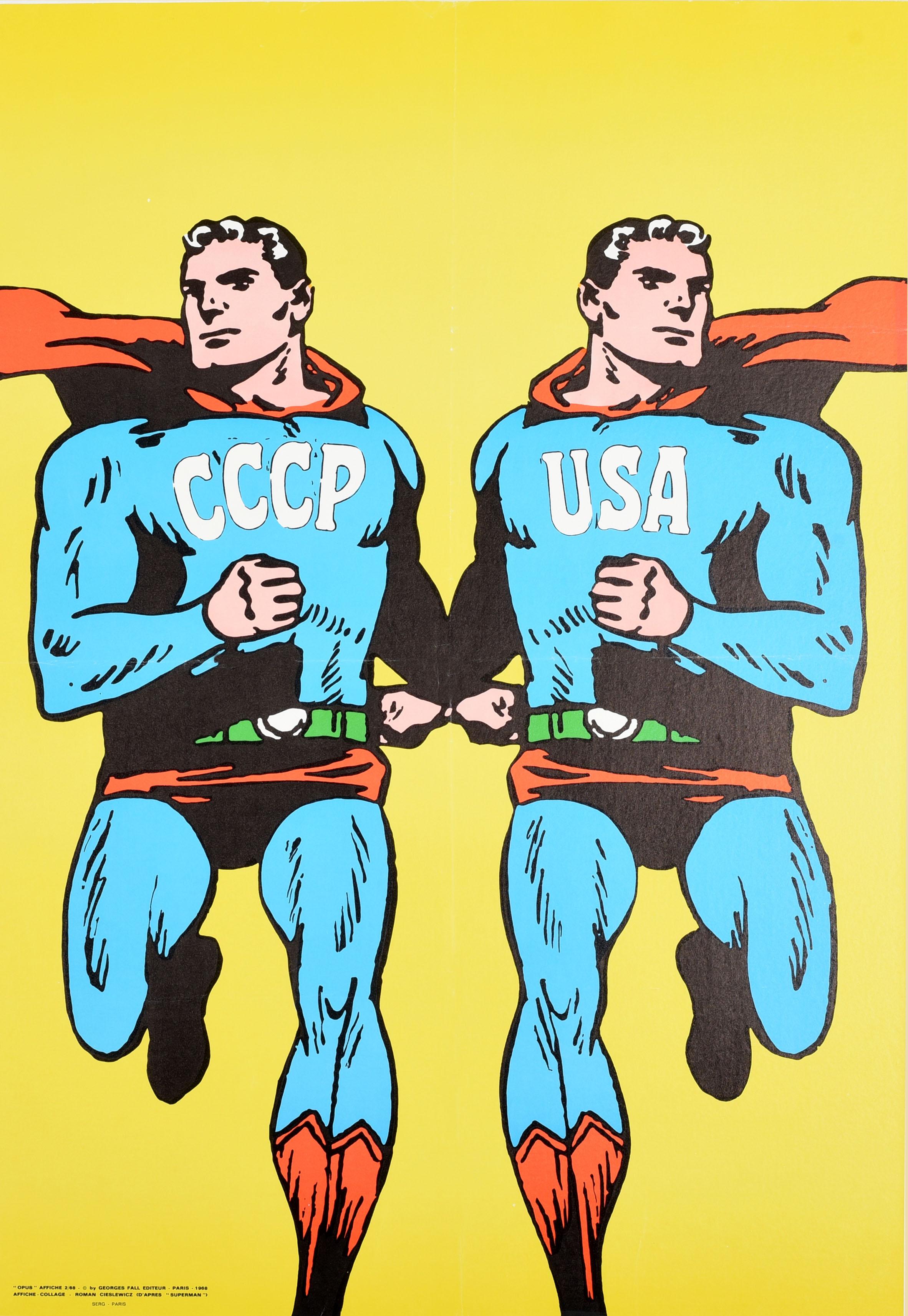 Original vintage Superman style poster - CCCP USA - by the renowned graphic designer Roman Cieslewicz (1930-1996) featuring a colourful Pop Art image of mirror versions of the comic book superhero Superman as the Cold War rivals USSR / CCCP / Soviet