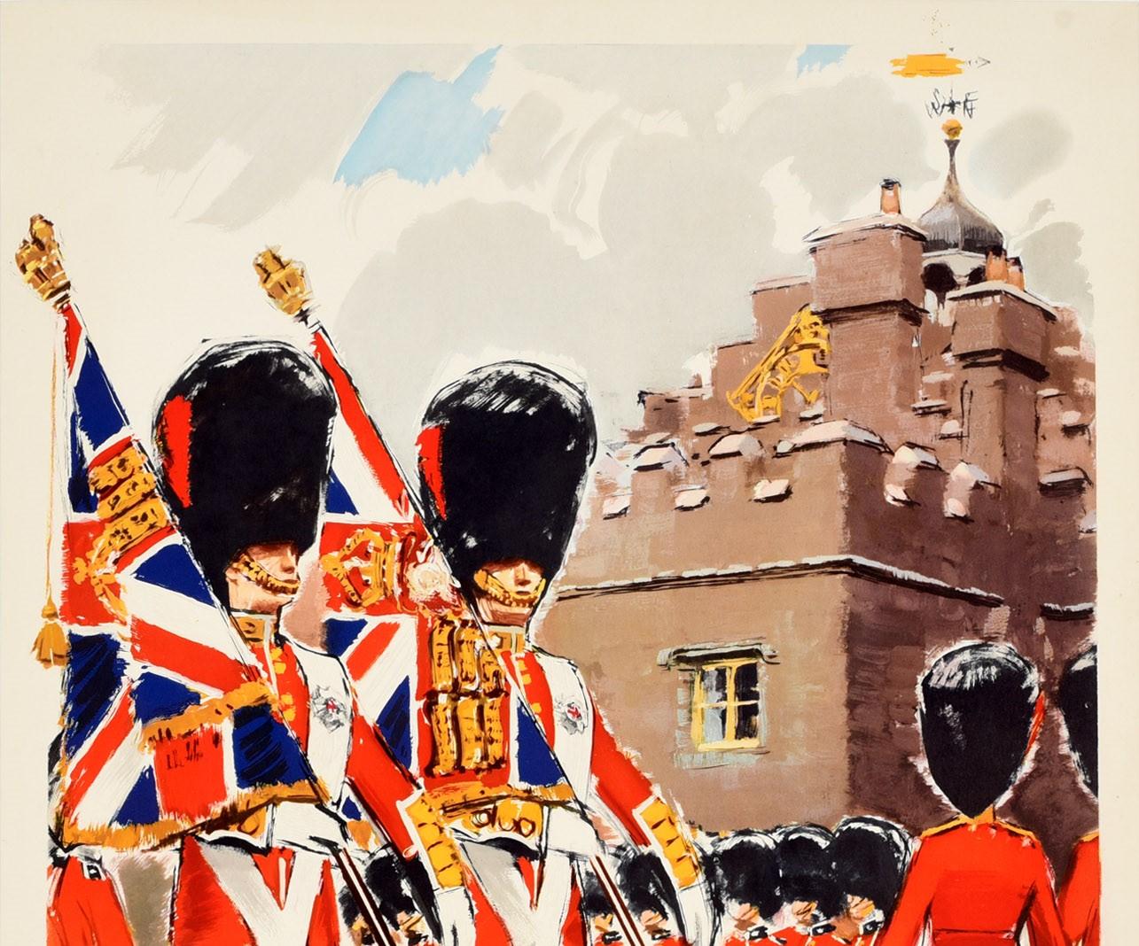 Original vintage travel poster promoting Britain as a tourist destination - Ceremonial in Britain - published by the British Travel And Holidays Association featuring a colourful illustration of Royal Coldstream Guards in ceremonial dress and