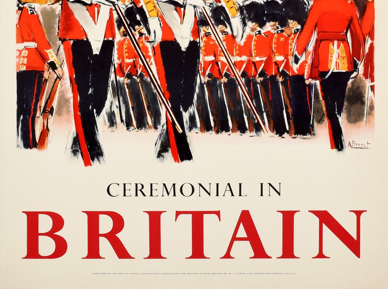 Britannique Affiche rétro originale, cérémonie en Grande-Bretagne, Gardes royales des cours d'eau froide, Voyage Art en vente