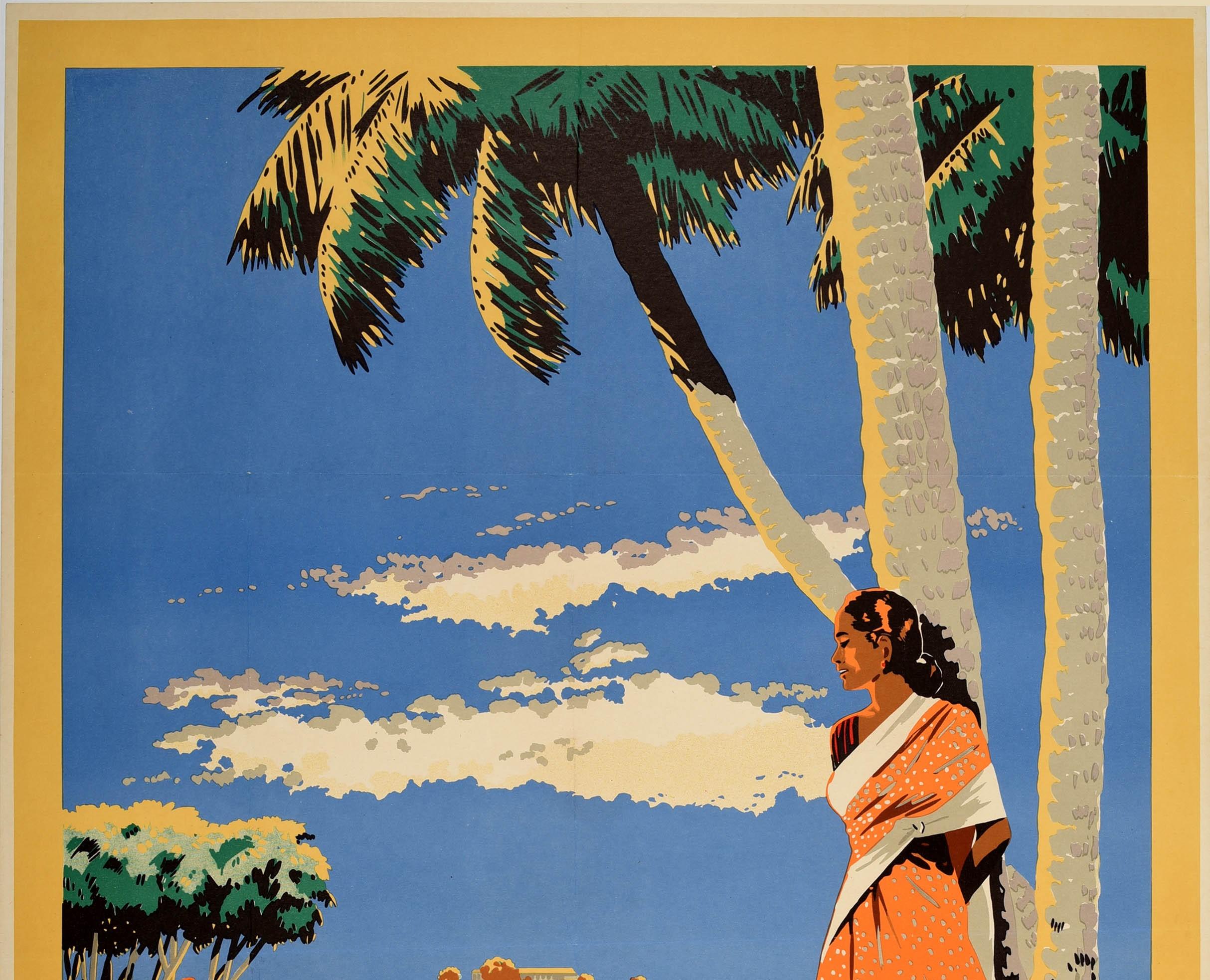 Original vintage travel poster promoting Ceylon featuring a great illustration showing a lady in a traditional sari dress leaning against a palm tree on a sandy beach with people on holiday sunbathing and relaxing and swimming in the sea and two