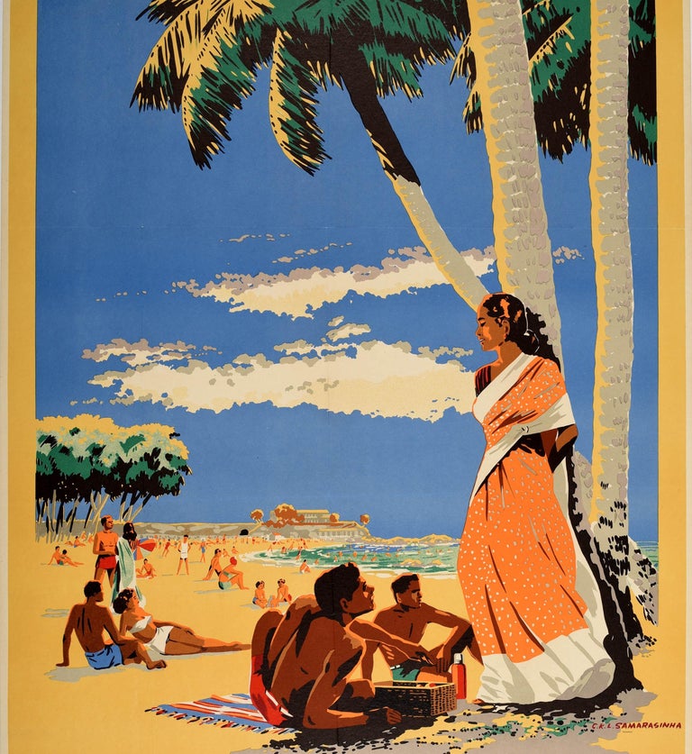 Original Vintage Poster Ceylon Beach Picnic Sri Lanka Asia Holiday Travel  Art For Sale at 1stDibs