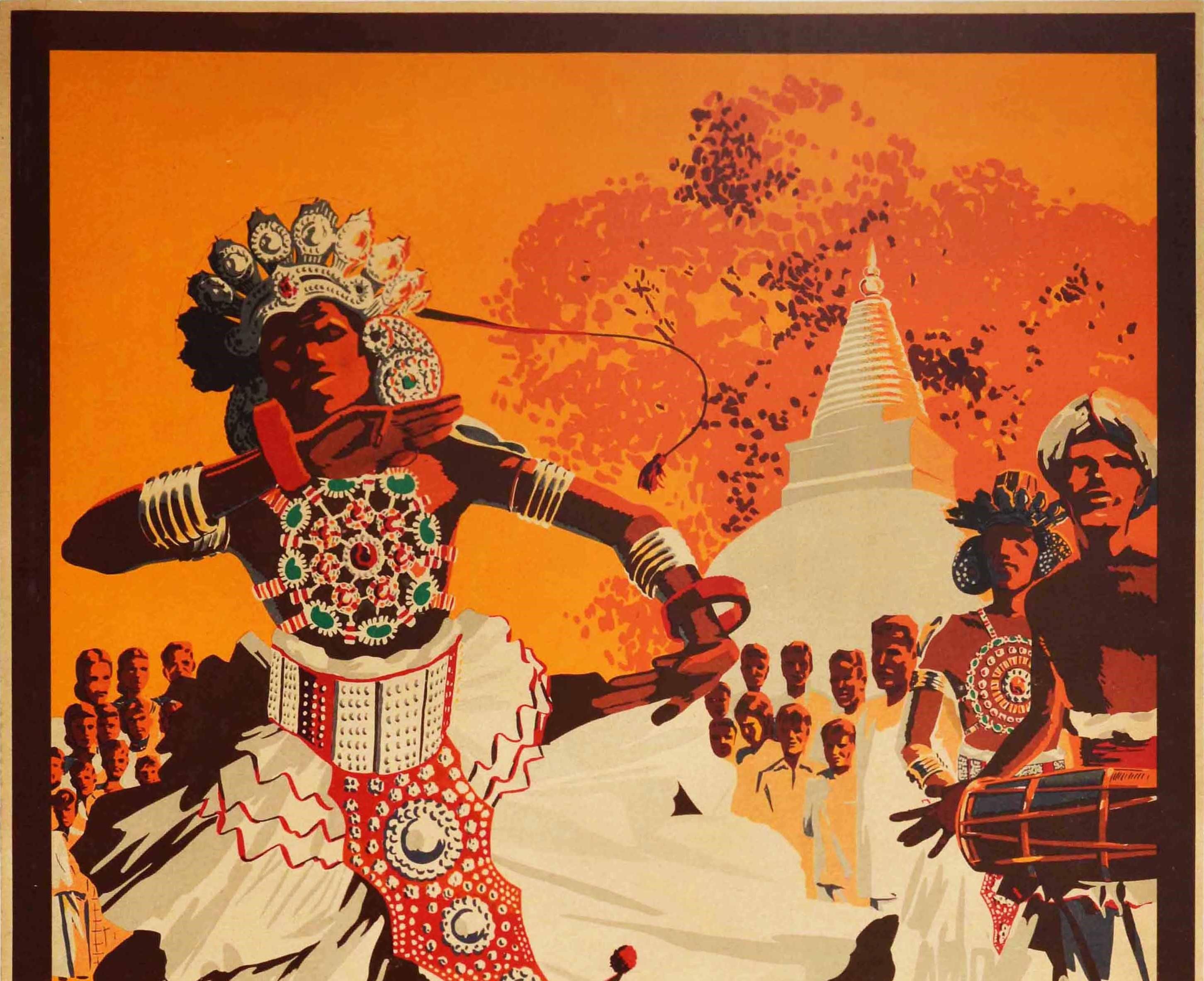 Original vintage travel poster for Ceylon Land of Song and Dance featuring a colourful orange shaded image of a traditional dancer in full costume and decorative headdress dancing in front of a domed Buddhist temple stupa and tree with people