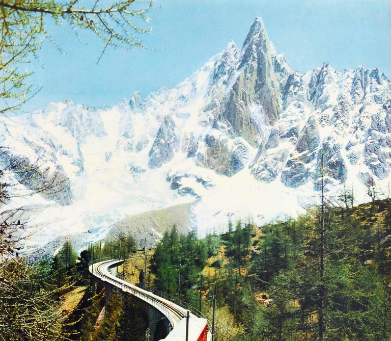 Original vintage French railway poster - Sites et Paysages France Chamonix Mont Blanc Chemin de Fer du Montenvers 4150m - featuring a scenic colour photograph of a red train on a bridge with the railway winding through a valley between trees below