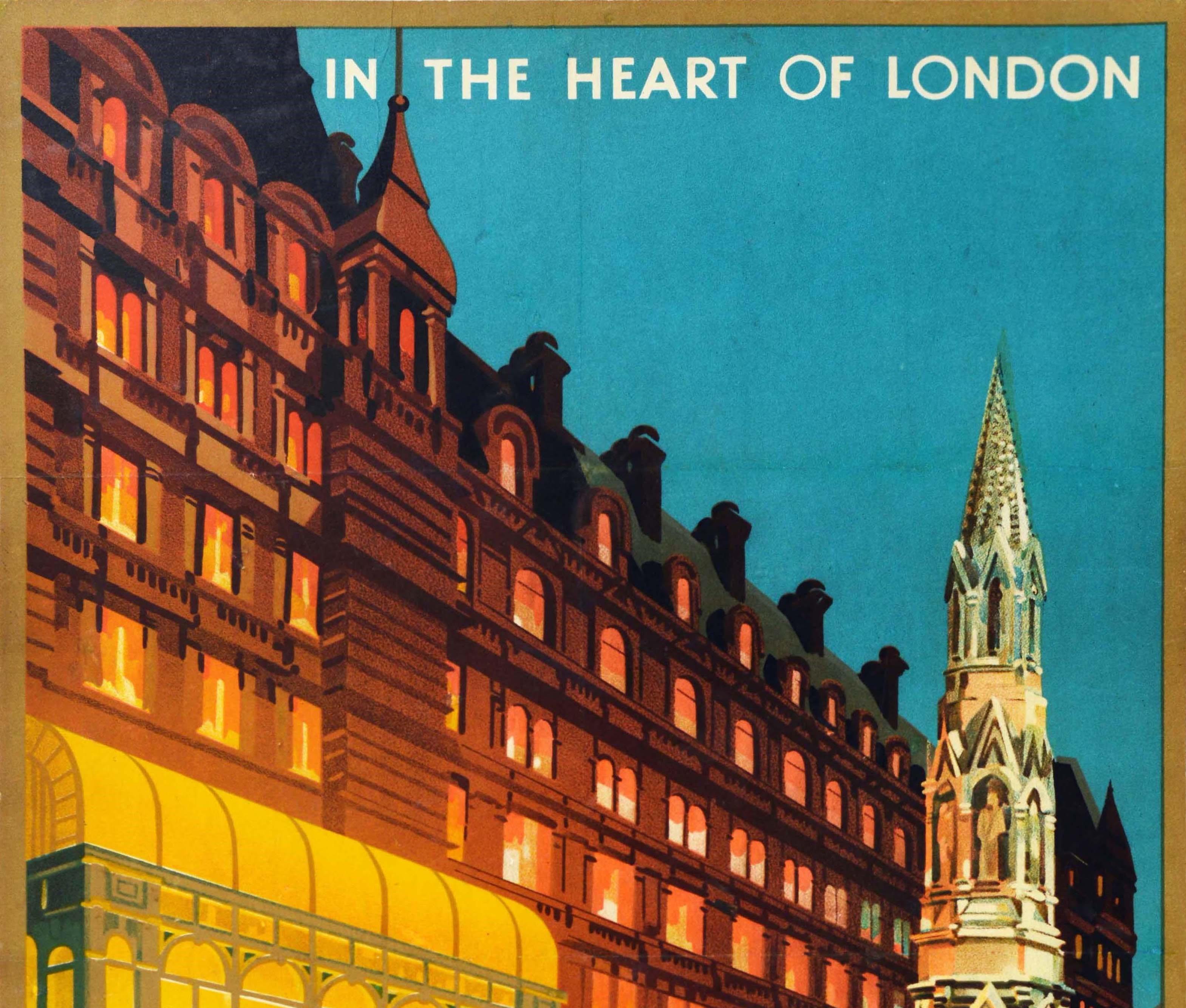 Original vintage travel poster for the Charing Cross Hotel and Restaurant in the Heart of London Redecorated and Refurnished featuring a stunning Art Deco design of the hotel brightly lit in the evening with smartly dressed people in coats walking