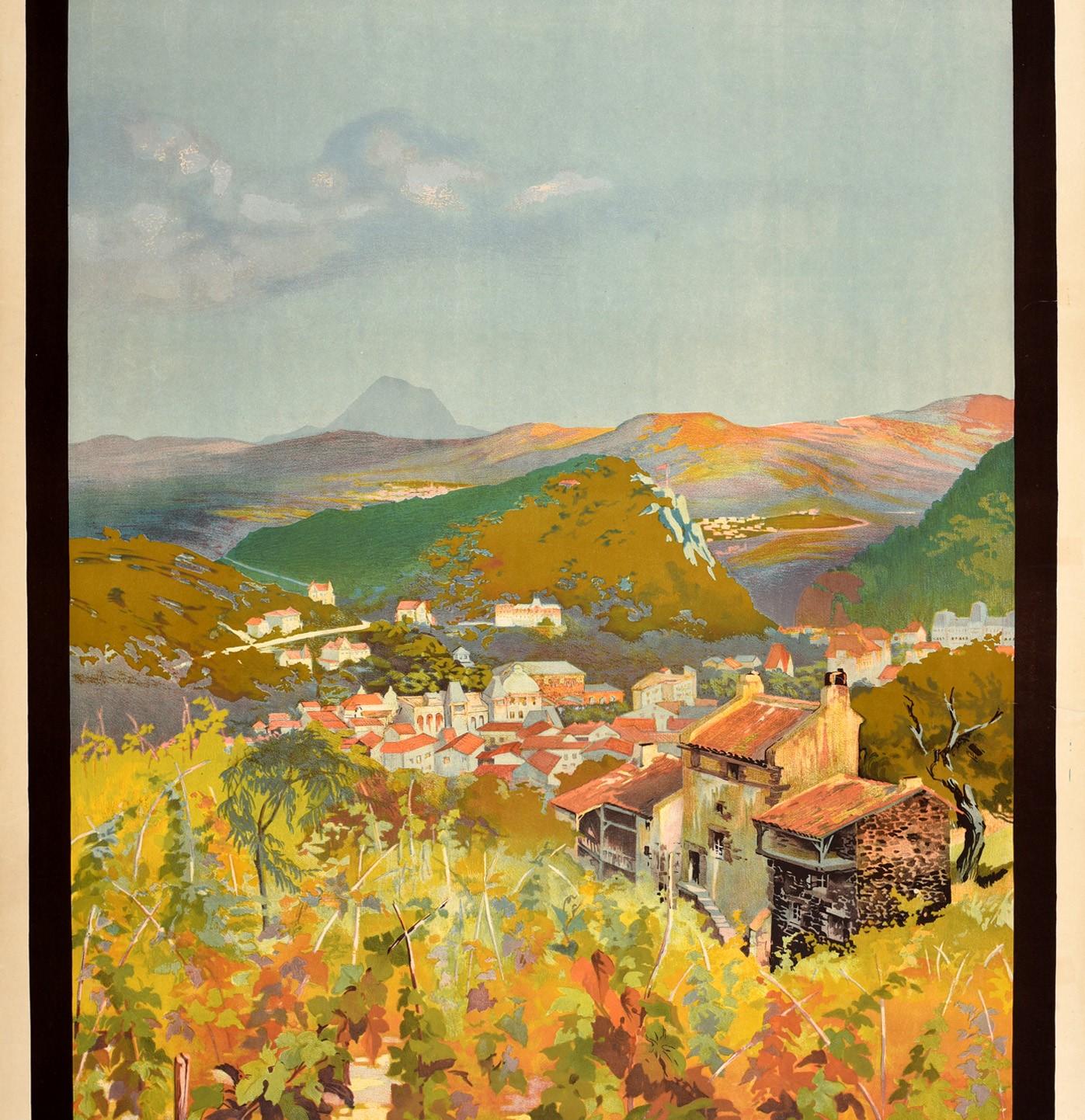 Original vintage travel advertising poster issued by PLM French railways Chemin de Fer Paris Lyon Mediterranee for Chatel Guyon in the Auvergne-Rhone-Alpes region featuring scenic artwork by Julien Lacaze (1886-1971) depicting a view of a vineyard
