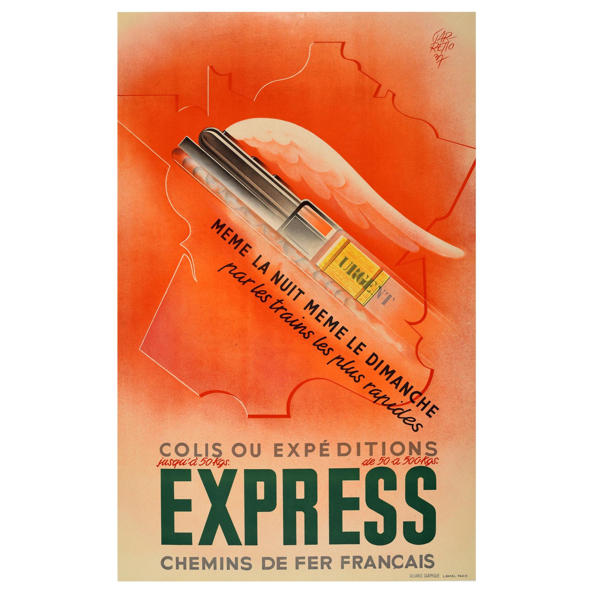Affiche vintage d'origine, Chemins De Fer, Chemins de fer, Express, Carte des trains, Design Art déco en vente