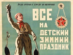 Original Vintage Poster Children Winter Holiday Skiing Art USSR Work And Defence