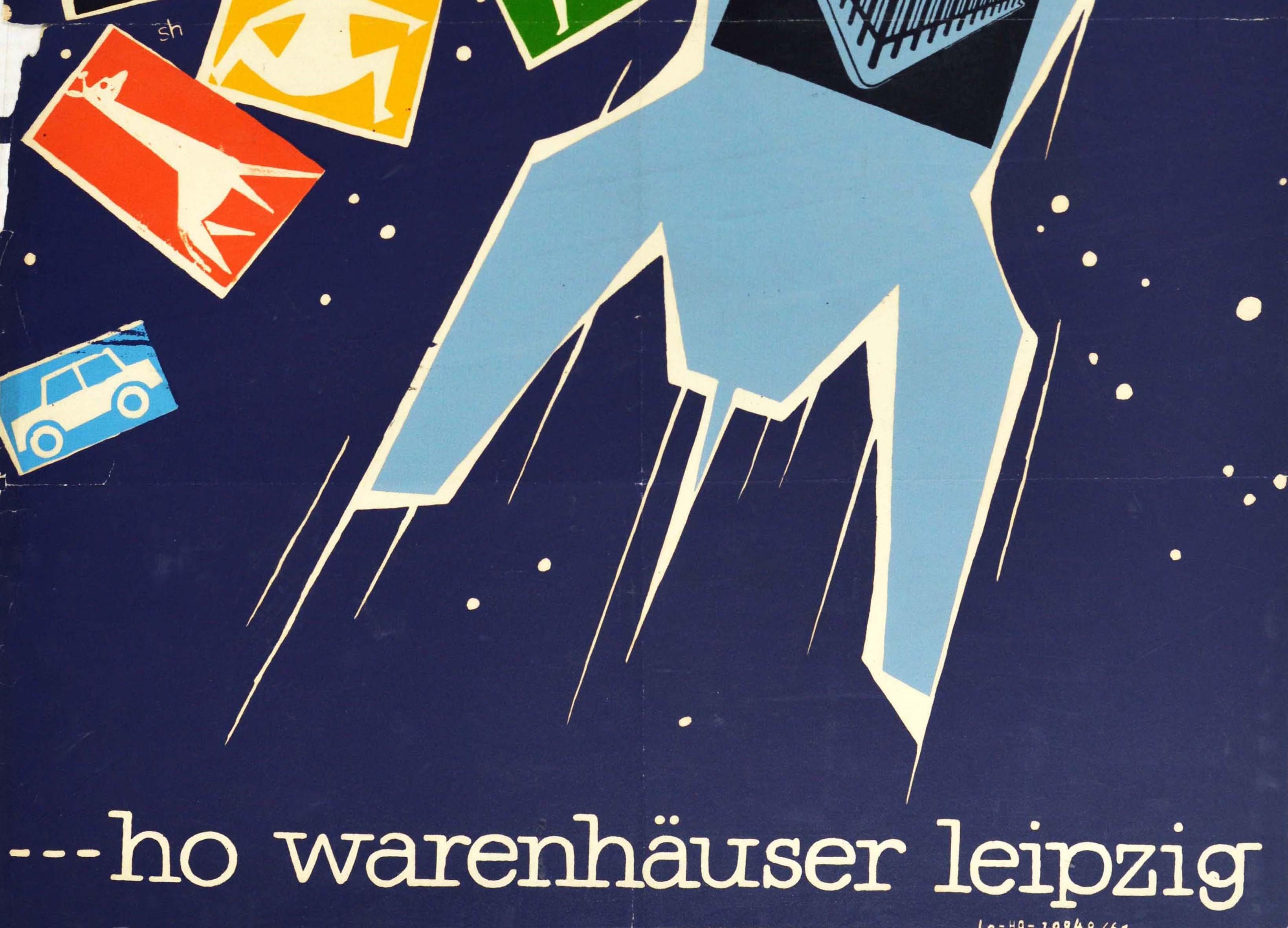 Allemand Affiche rétro originale, Jouets pour enfants de l'Équitation spatiale, Ours en peluche et fusée Spielwaren en vente