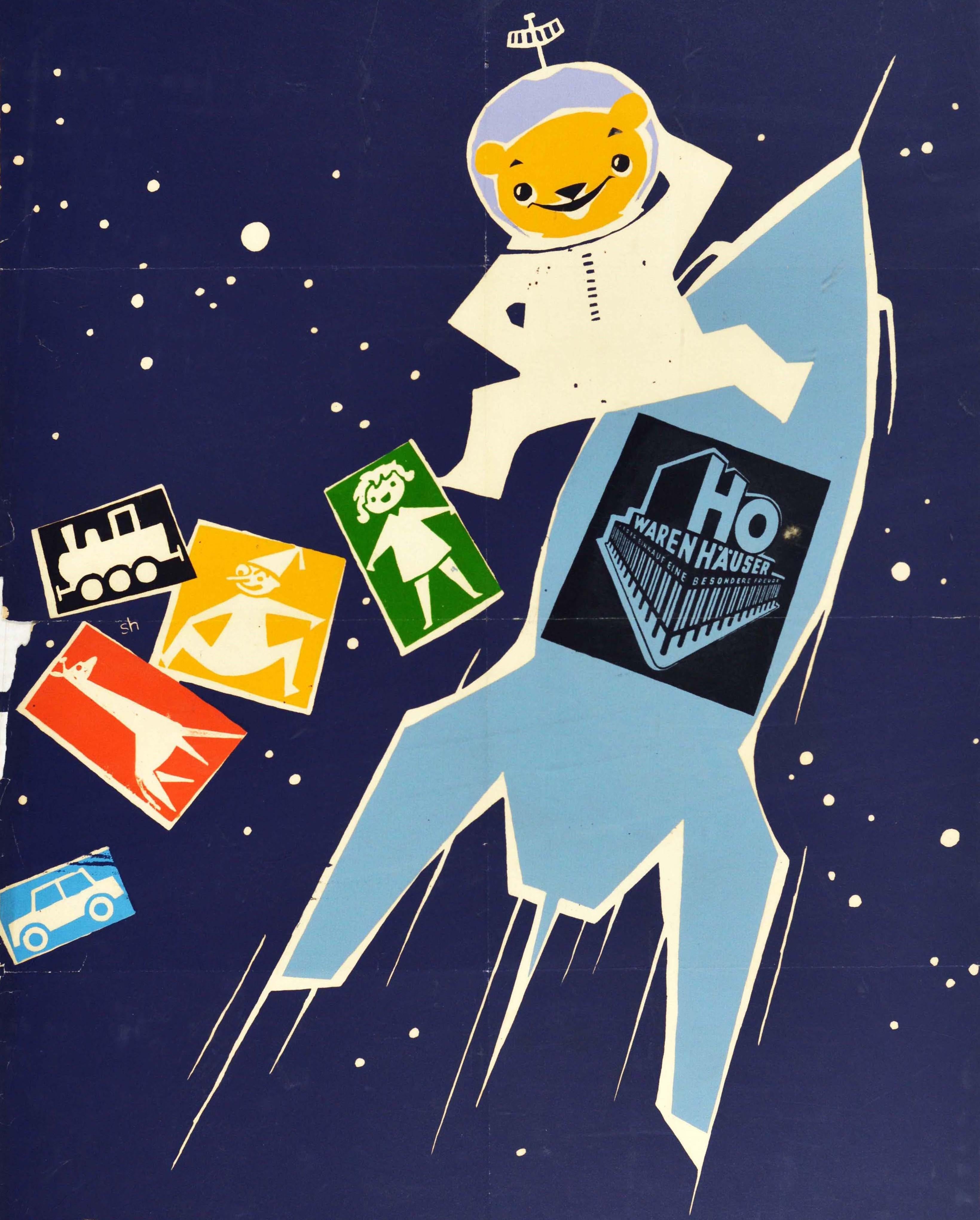 Original Vintage-Poster, Kinderspielzeug aus dem Raumfahrt, Teddybär, Rakete, Spielzeug im Zustand „Relativ gut“ im Angebot in London, GB