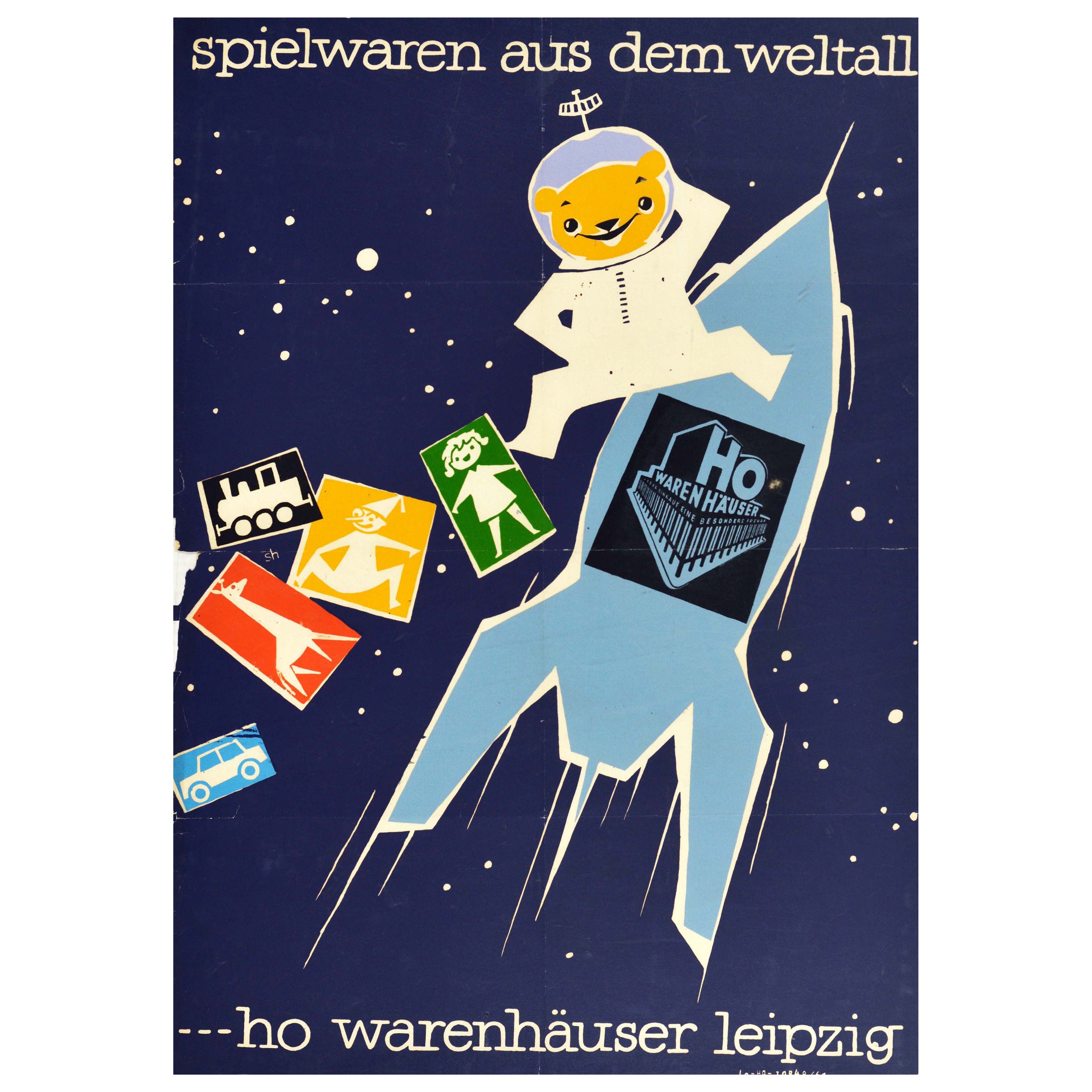 Affiche rétro originale, Jouets pour enfants de l'Équitation spatiale, Ours en peluche et fusée Spielwaren en vente