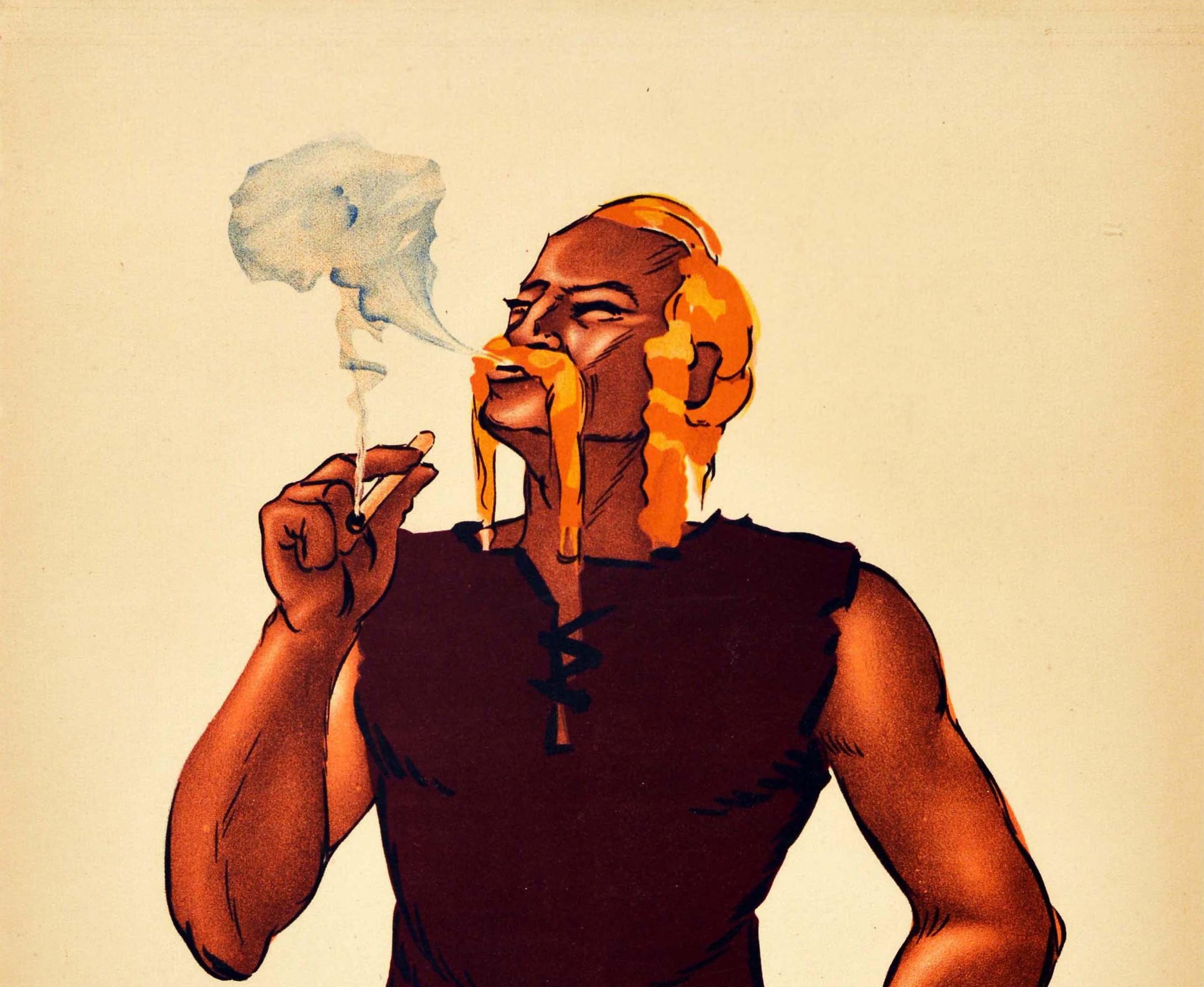 Cartel publicitario original de época para Cigarettes Celtiques, diseñado por el notable cartelista Leon Dupin (1898-1971), que muestra a un hombre con pelo y bigote largos, vestido con un top y pantalones marrones, fumando un cigarrillo y soplando
