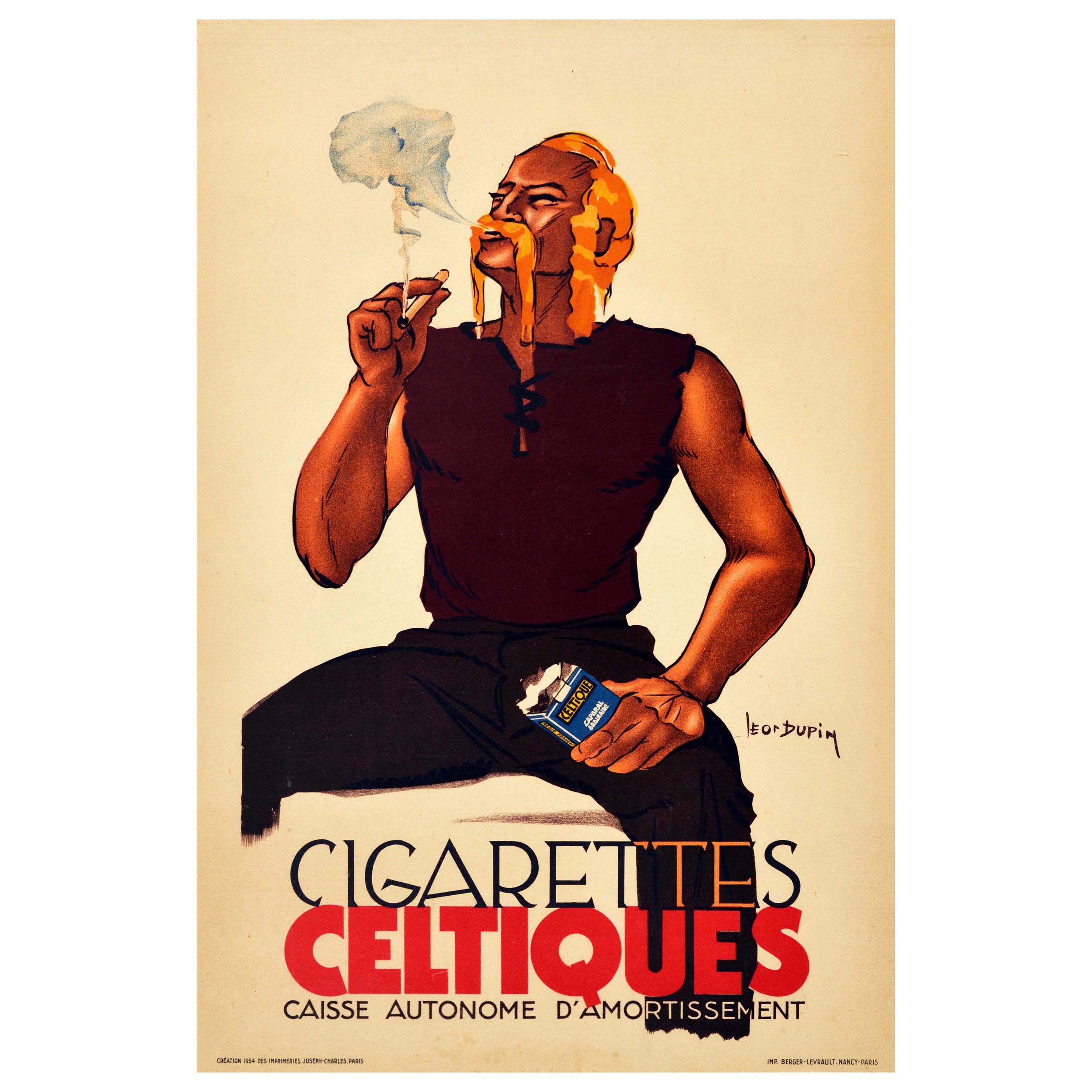 Original Vintage-Poster Cigarettes Celtiques, Französisches Tabak, Rauch, Mann, Kunstwerk