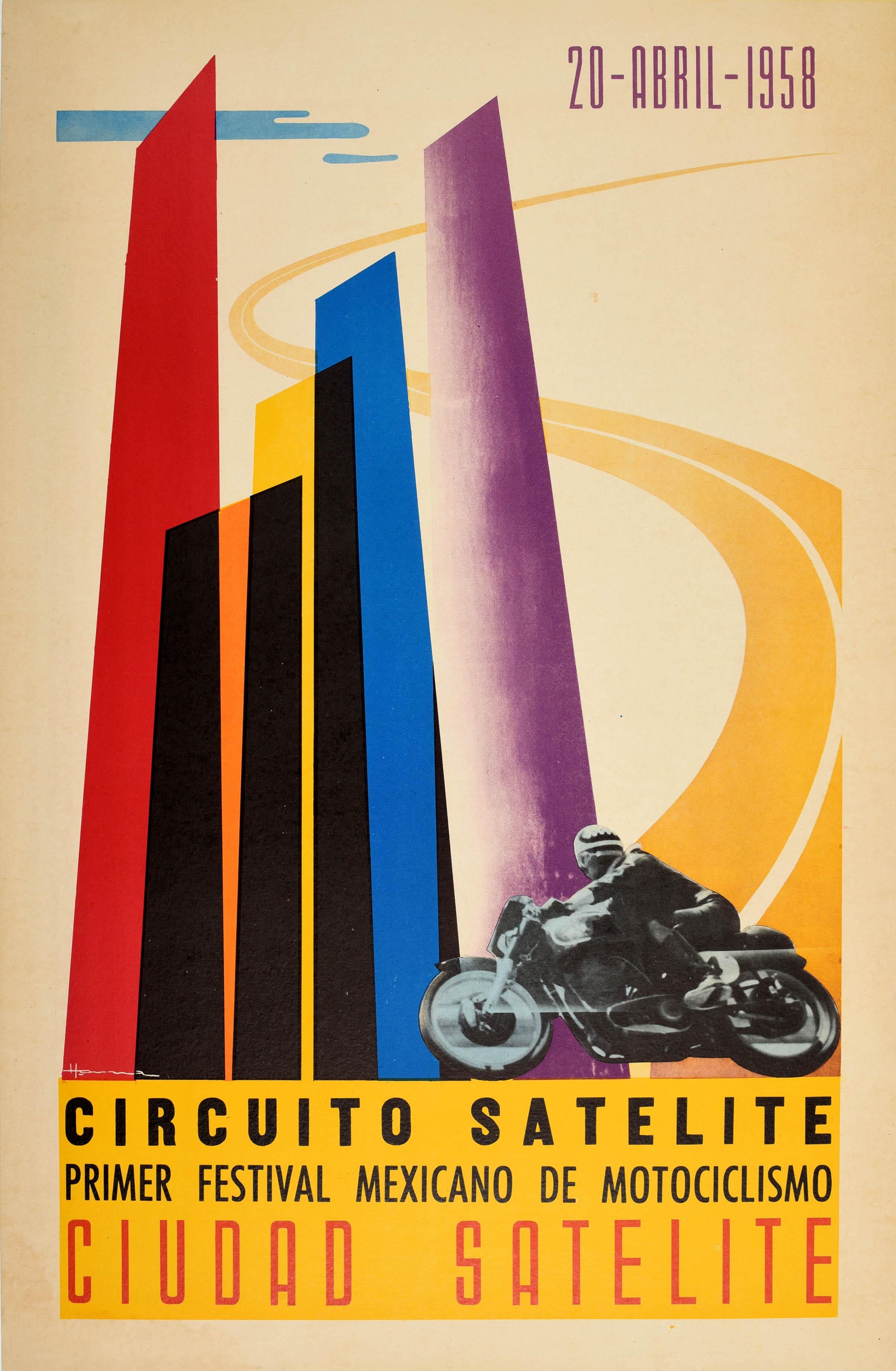 Original vintage motorsport poster advertising the Satellite Circuit First Mexican Motorcycle Festival in Satellite City / Circuito Satelite Primer Festival Mexicano de Motociclismo Ciudad Satelite on 20 April 1958 featuring a great graphic design