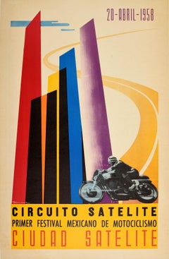 Original Vintage Poster Circuito Satelite Towers Mexico Motorcycle Race Festival