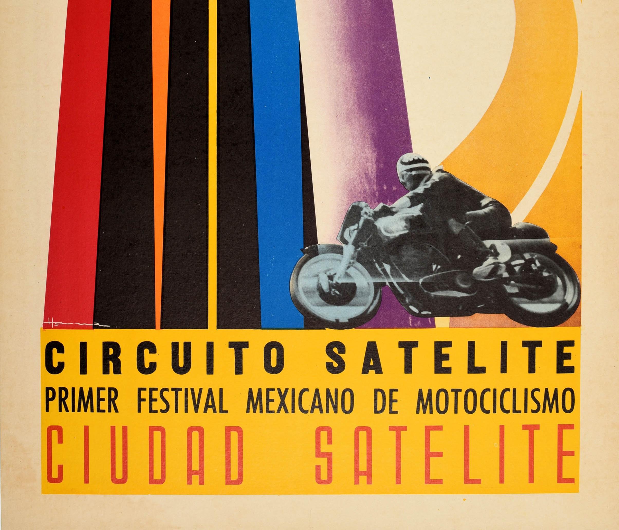 Original Vintage Poster Circuito Satelite Towers Mexico Motorcycle Race Festival In Good Condition In London, GB