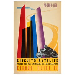 Original Vintage Poster Circuito Satelite Towers Mexico Motorcycle Race Festival