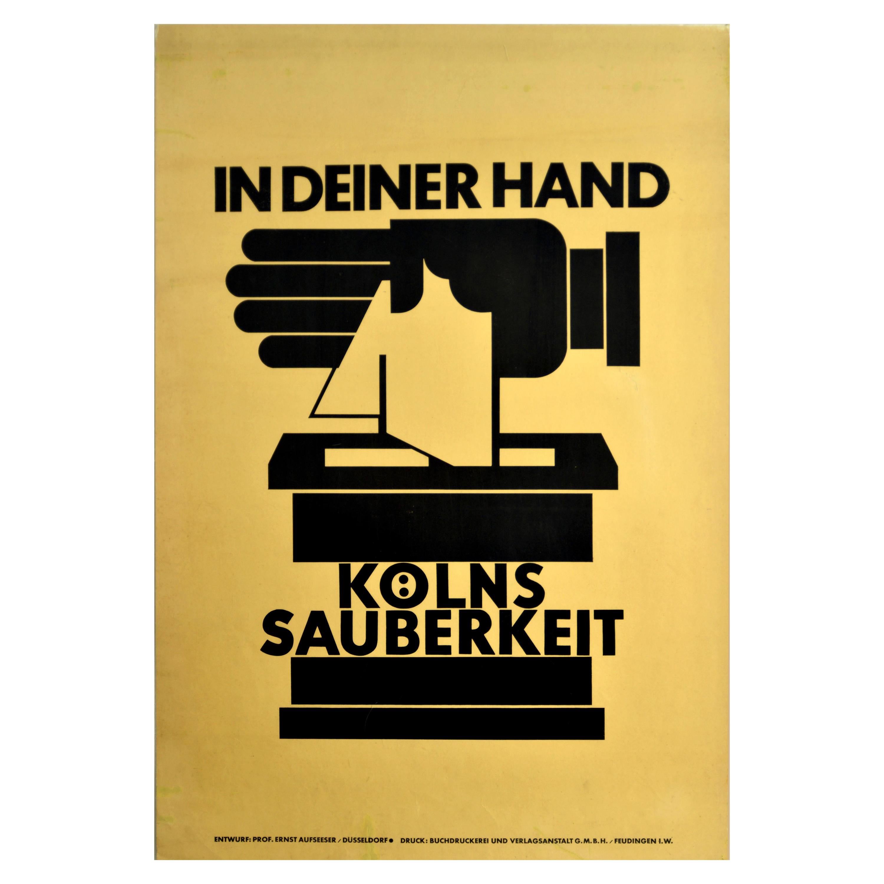 Affiche rétro originale, Cleanliness In Your Hand, Hygiène, Dessin graphique du Bauhaus