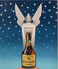 Original Vintage Poster, Cognac Rouyer, Liquor, Angel, Starry Sky, Globe, 1945