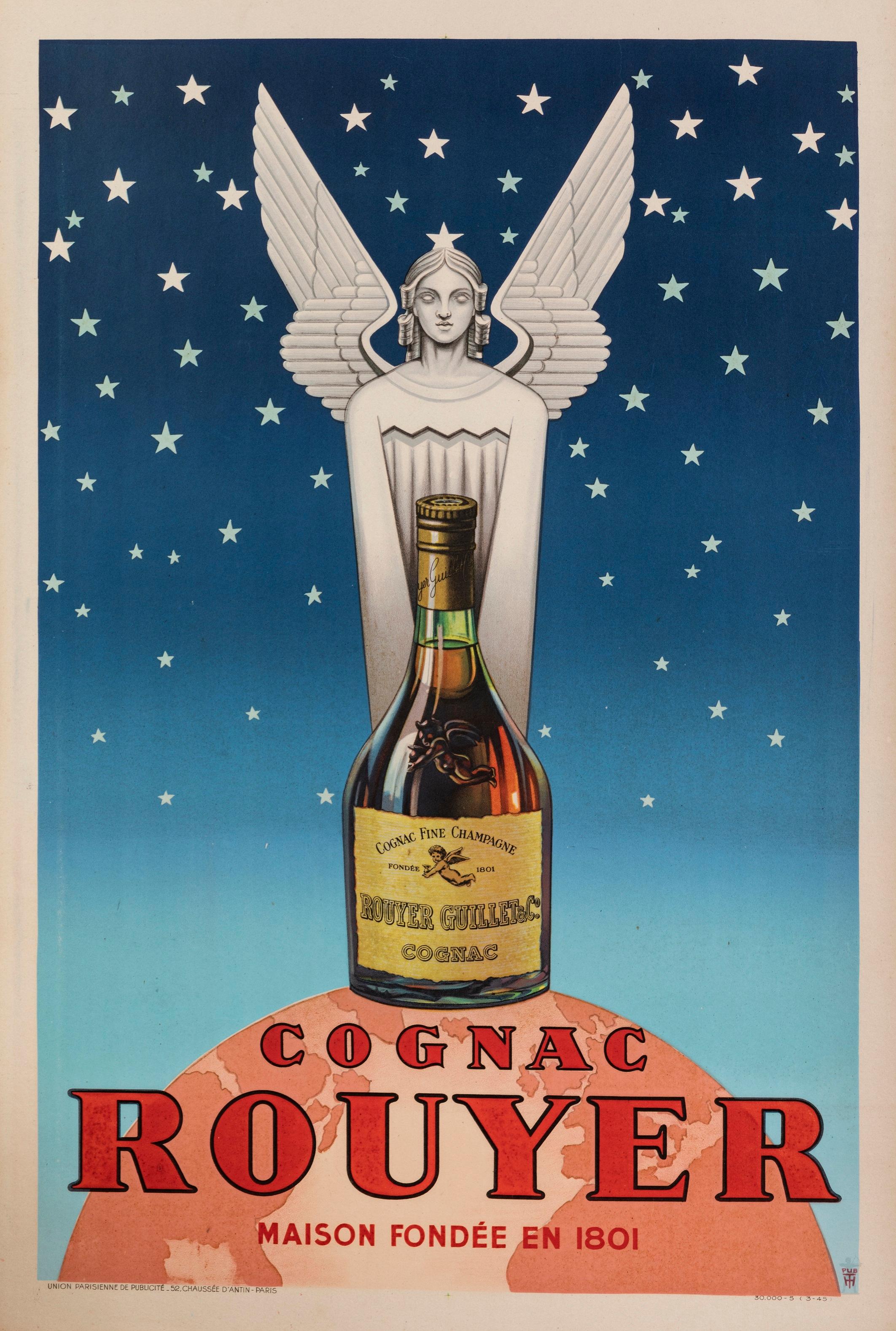 Mid-Century Modern Original Vintage Poster, Cognac Rouyer, Liquor, Angel, Starry Sky, Globe, 1945 For Sale