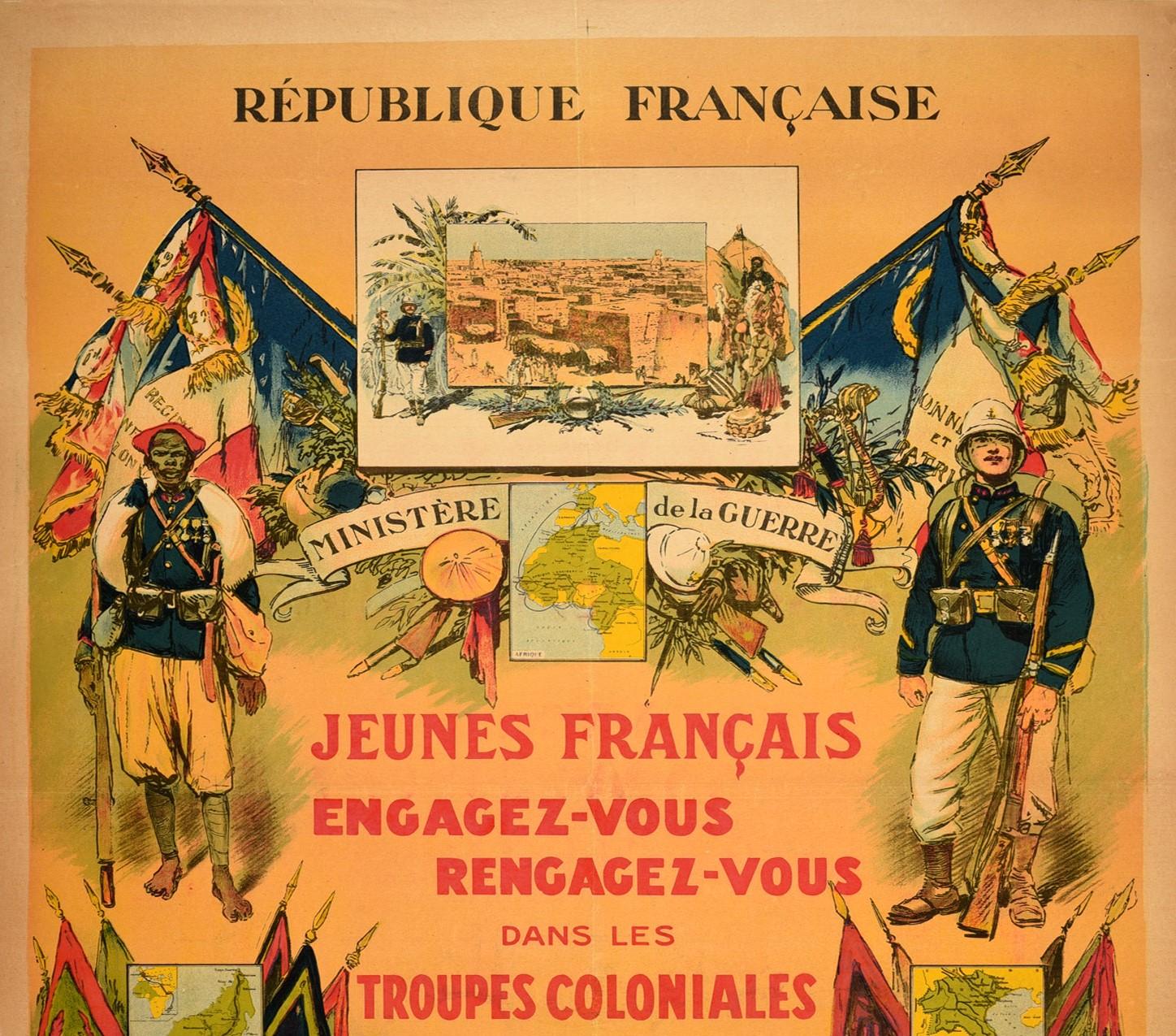 Original vintage military recruitment poster encouraging Young French people to join or rejoin the Colonial Troops - Jeunes Francais Engagez-vous Rengagez-vous dans les Troupes Coloniales. Colourful design by the French war correspondent and