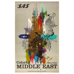 Original Vintage Poster Colorful Middle East SAS Airline Travel Sphinx Pyramids