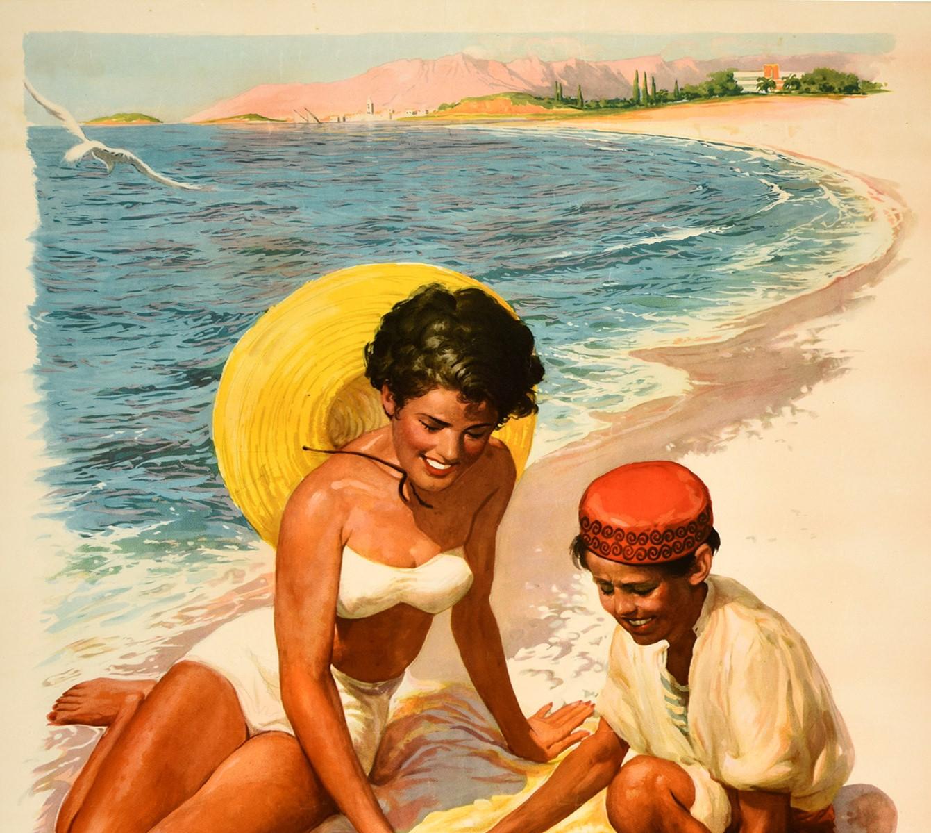 Original vintage travel poster - Come to Yugoslavia - featuring great artwork of a boy presenting a basket of fresh fruit to a smiling lady in a white bikini and summer straw hat sitting on a beach with the waves splashing on the sand in the