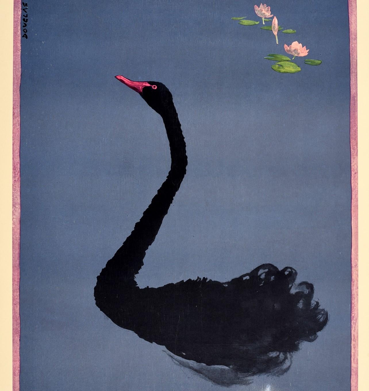 Original vintage sport travel poster for the Commonwealth Games Perth Australia 22 November-1 December 1962 featuring a great design by the Australian artist Douglas Annand (1903-1976) of water lilies and an elegant black swan against the blue