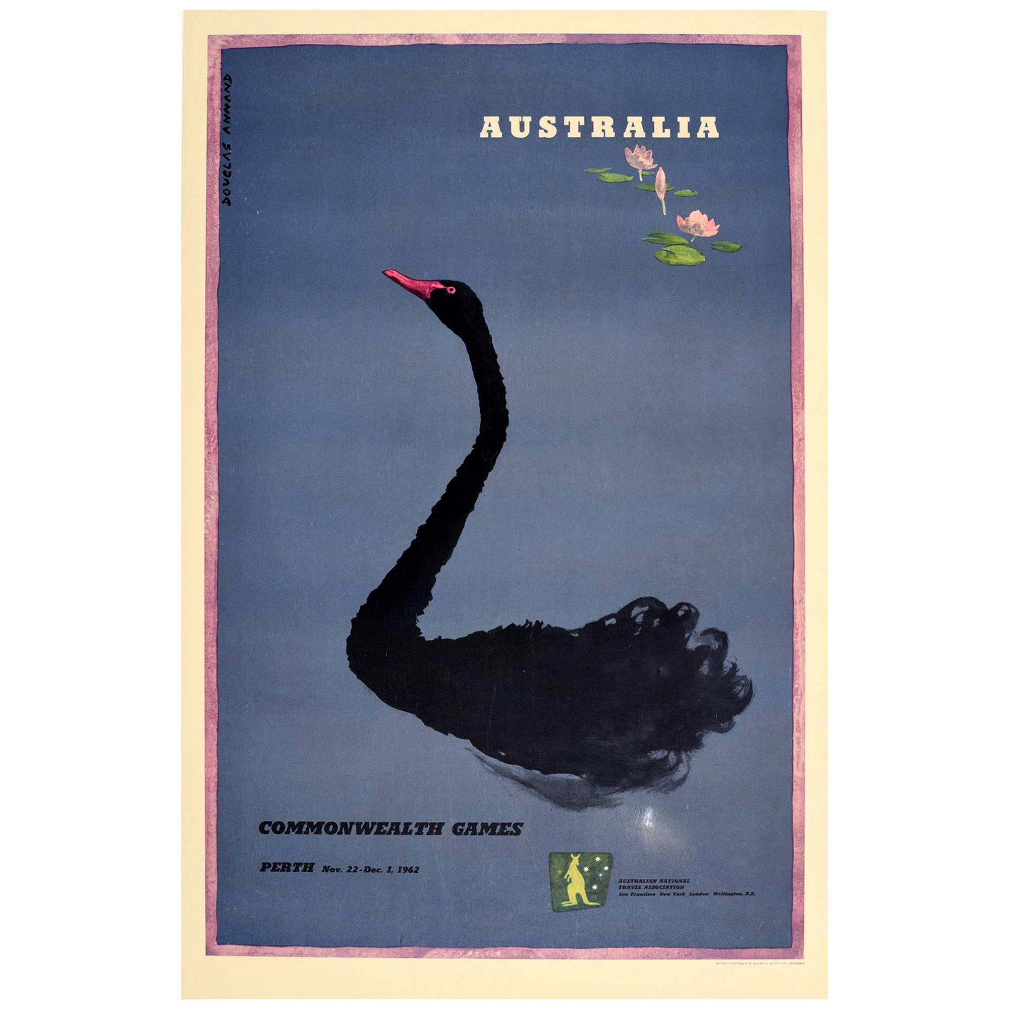 Original Vintage Poster Commonwealth Games Perth Australia Black Swan Art Sport
