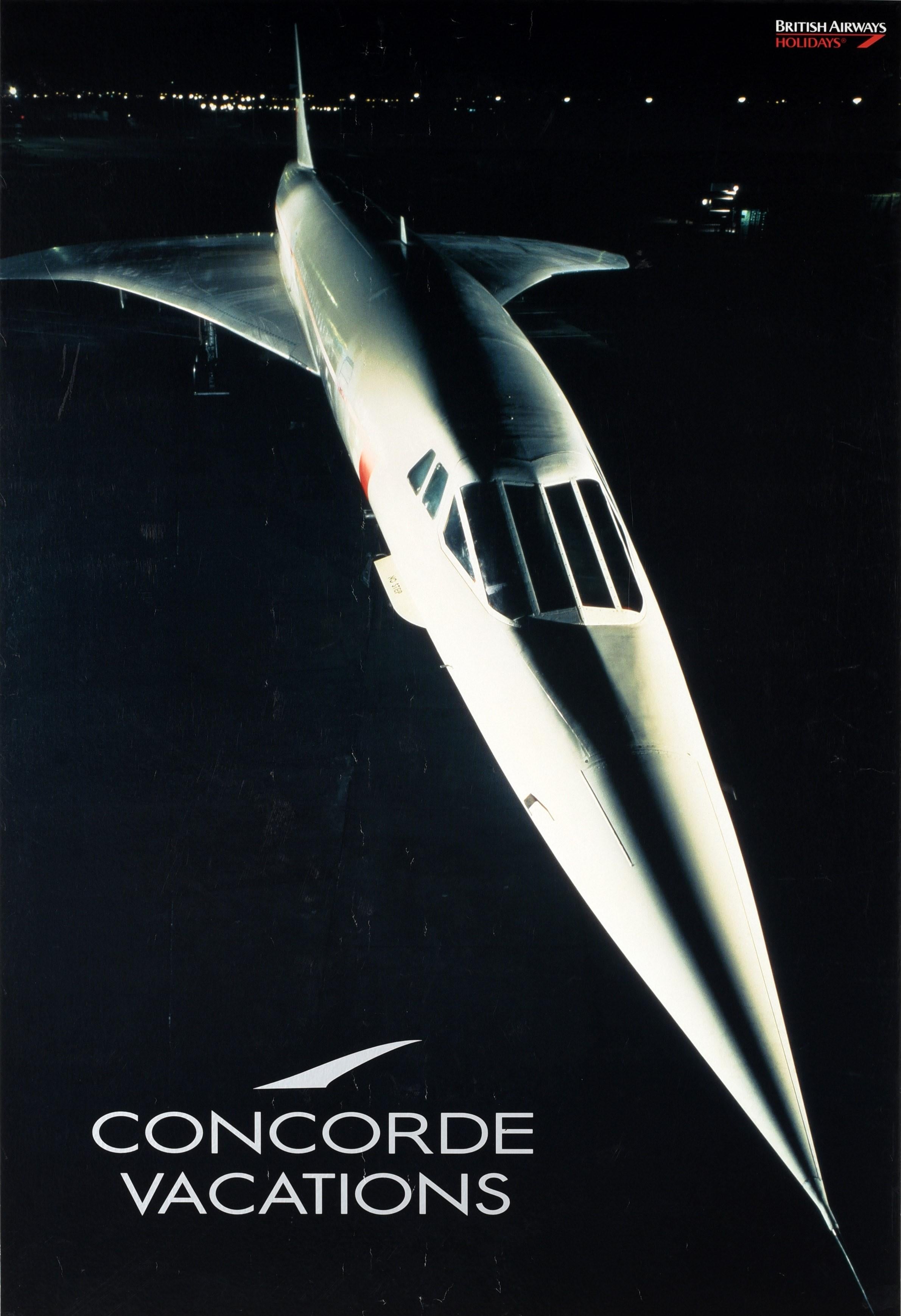 Britannique Affiche vintage d'origine Concorde Vacations British Airways Plane Holiday Travel en vente