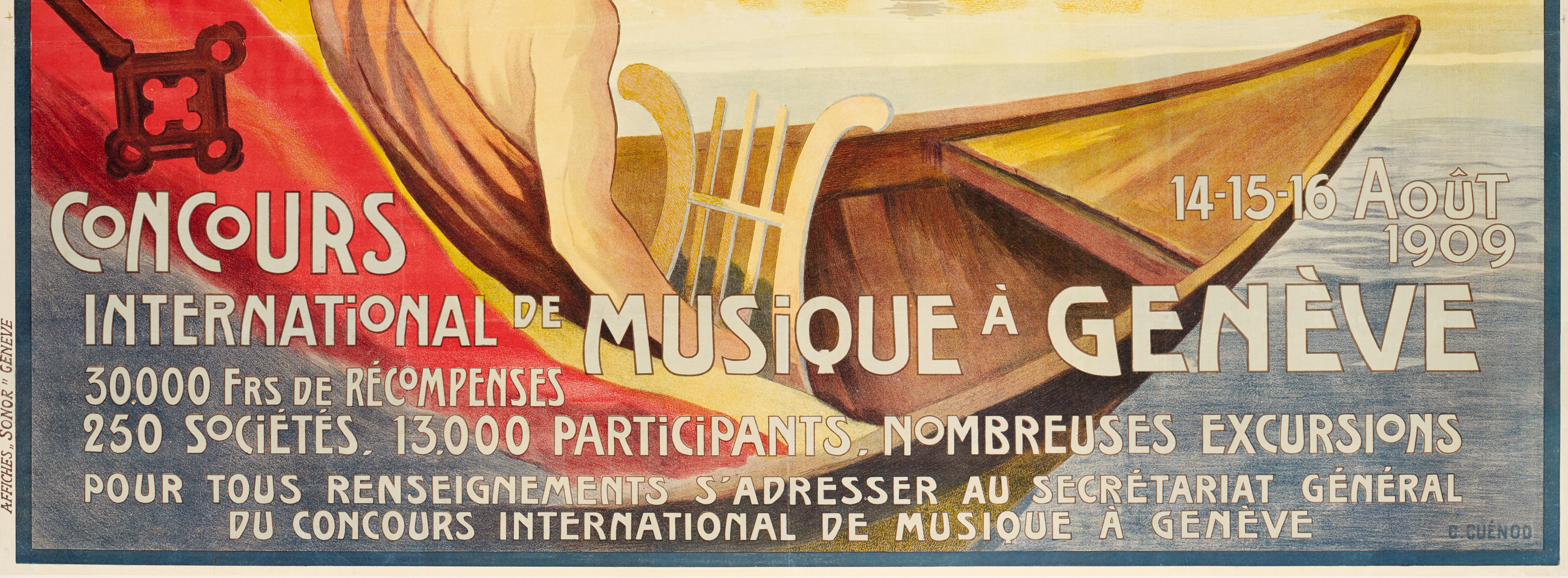 French Original Vintage Poster, Concours International Music Geneva, Lyre, Swiss, 1909 For Sale