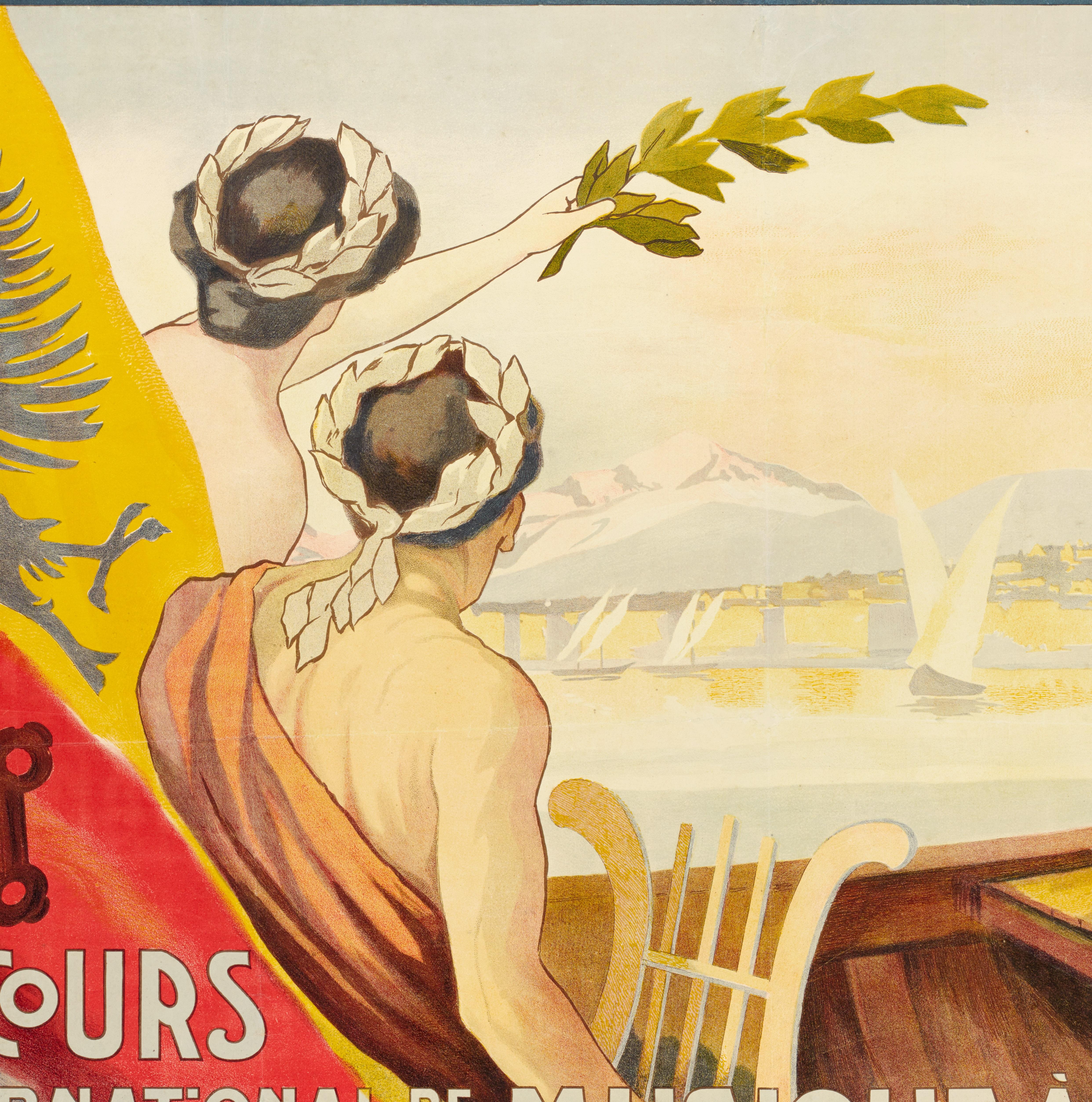 Original Vintage Poster, Concours International Music Geneva, Lyre, Swiss, 1909 In Good Condition For Sale In SAINT-OUEN-SUR-SEINE, FR