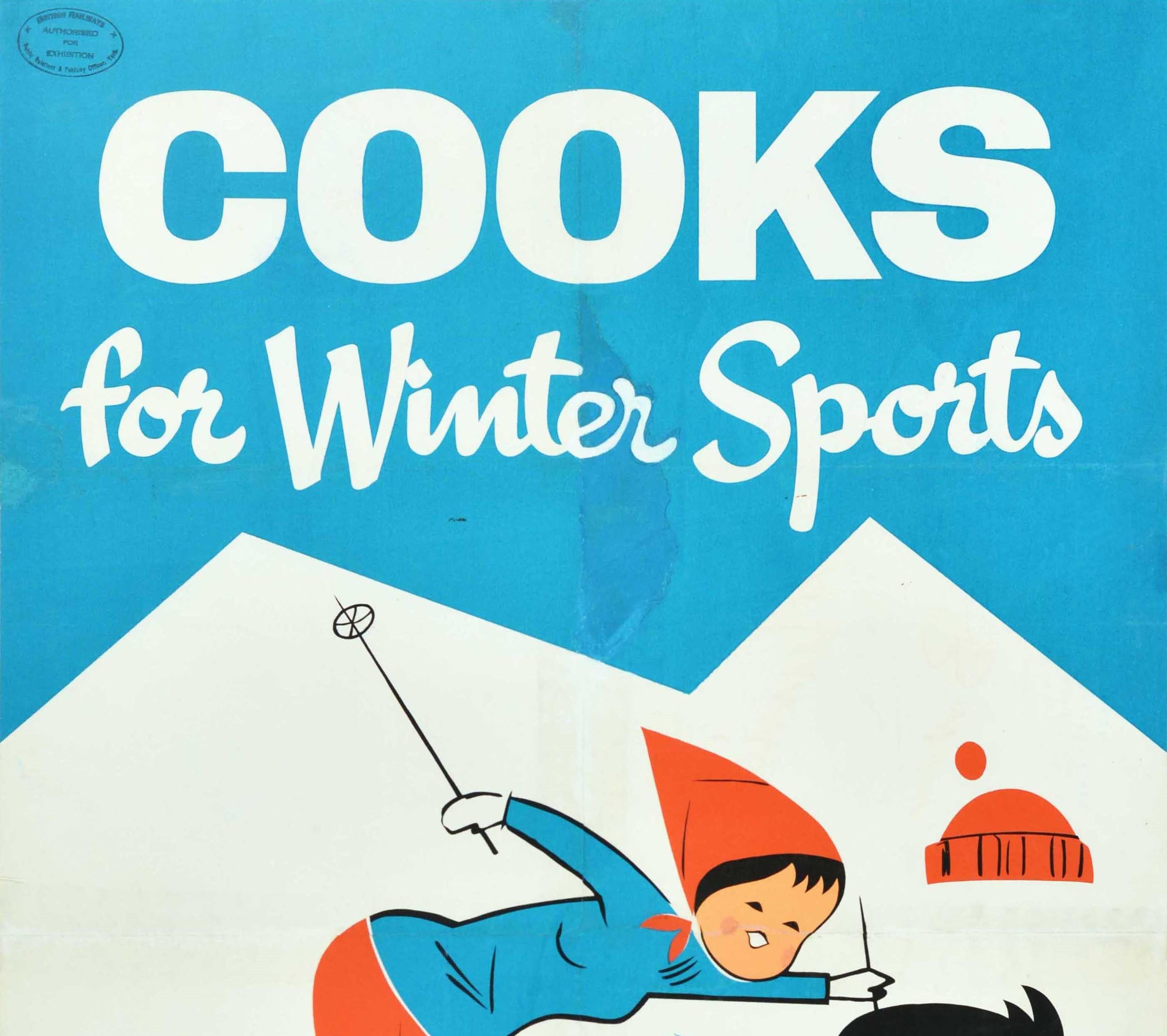 Original vintage ski travel poster - Cooks for Winter Sports Travel by British Railways Train and Steamer Services - featuring a fun design depicting a couple racing down a snowy mountain with two peaks below the title text on the blue sky above,