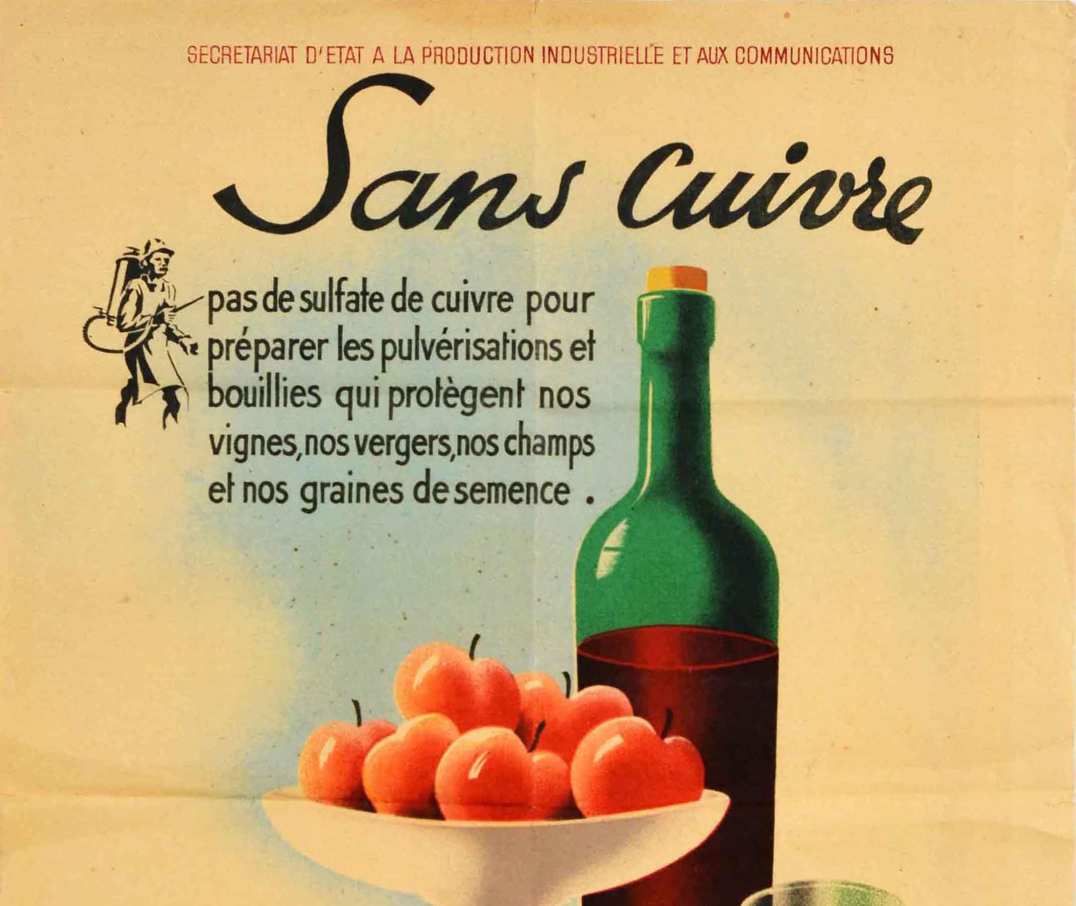 Original vintage agriculture propaganda poster issued by the State Secretariat for Industrial Production and Communications Commissariat for the Mobilisation of Non-Ferrous Metals featuring an illustration of a drink glass and bottle of red wine on